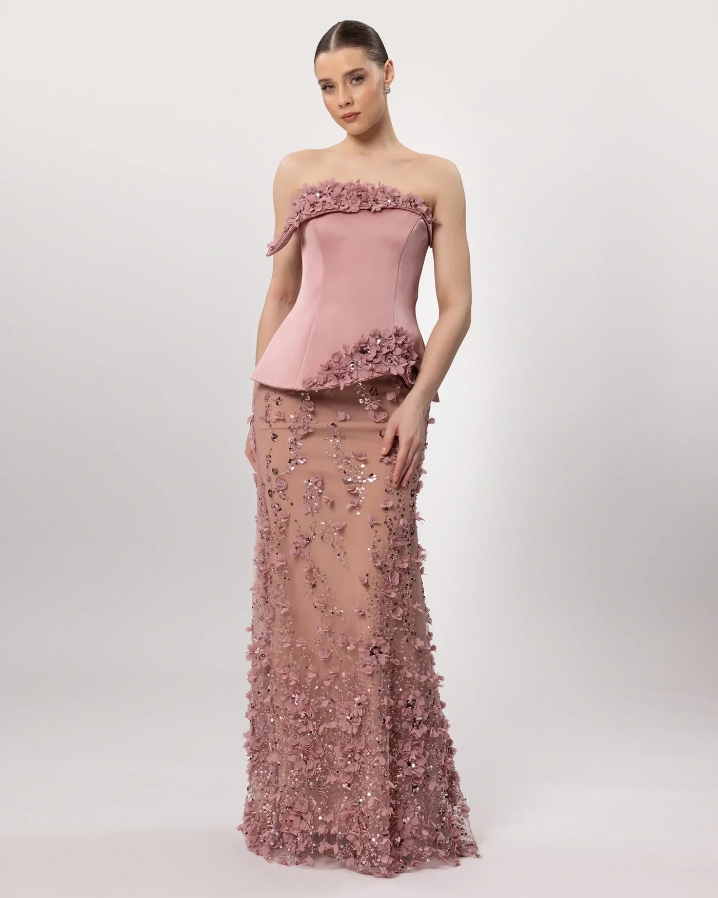 26162-Çiçek Aplikeli Straplez Couture Abiye Elbise. - Kenzel