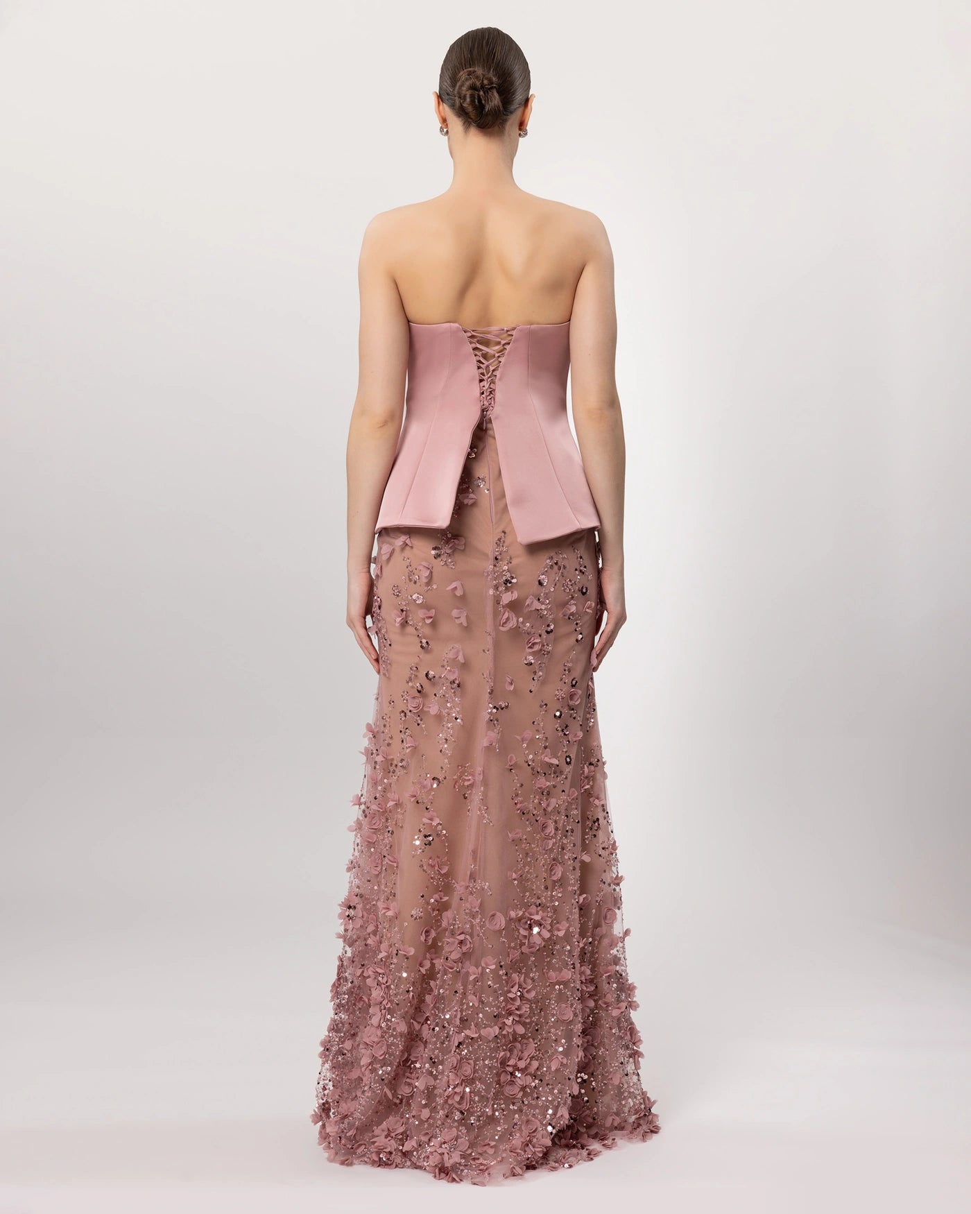 26162-Çiçek Aplikeli Straplez Couture Abiye Elbise.