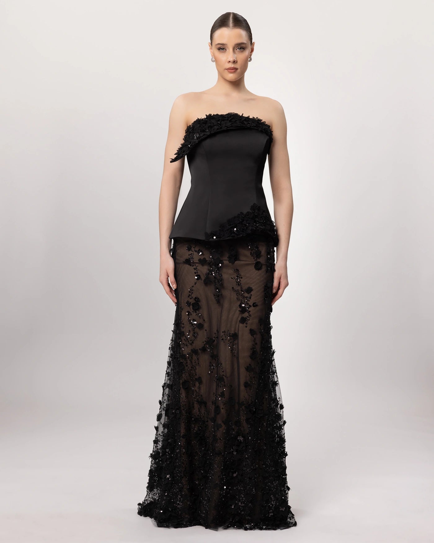 26162-Çiçek Aplikeli Straplez Couture Abiye Elbise.