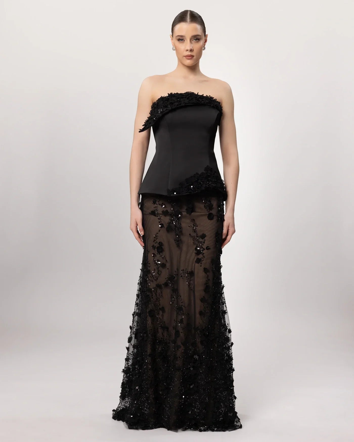 26162-Çiçek Aplikeli Straplez Couture Abiye Elbise. - Kenzel