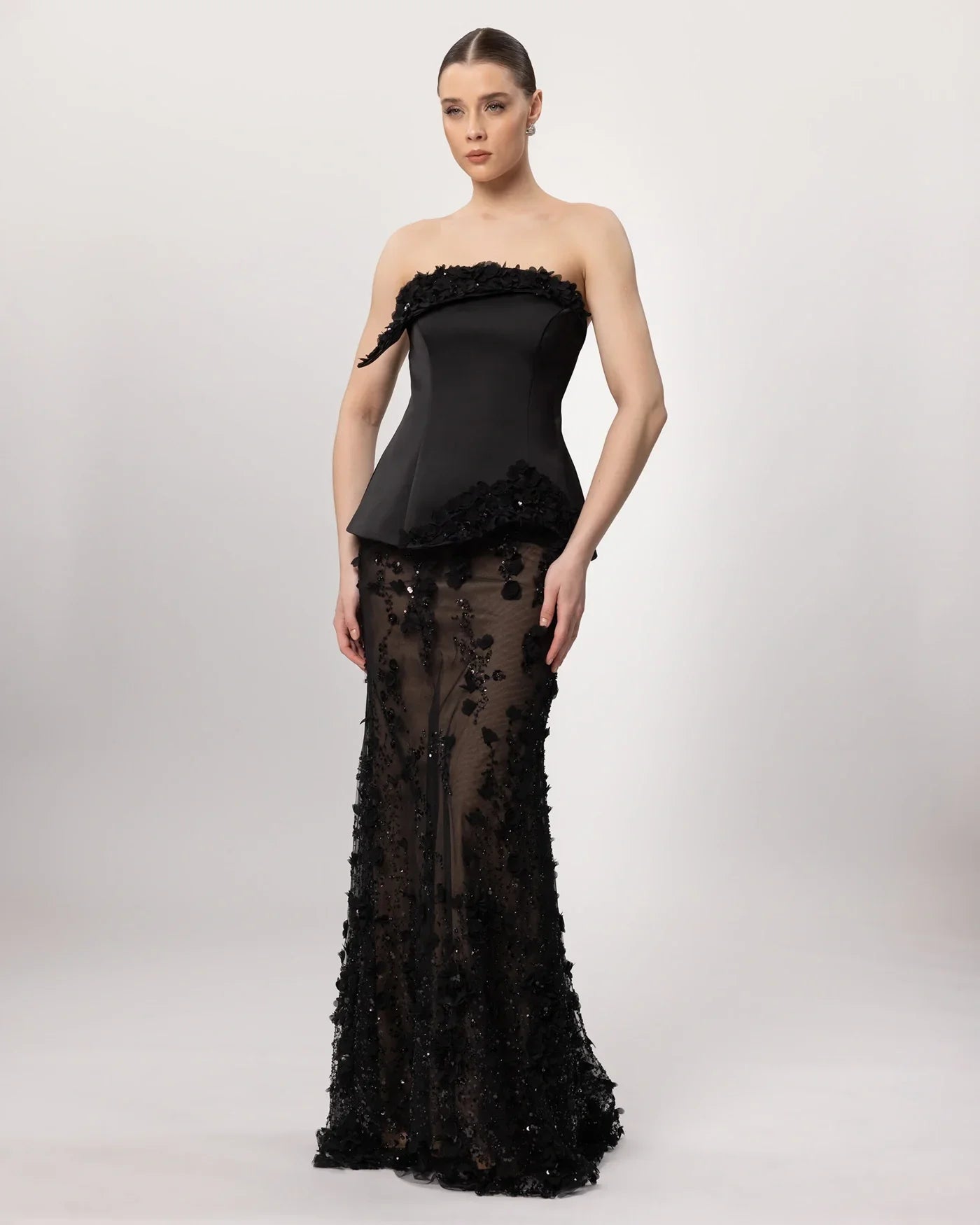 26162-Çiçek Aplikeli Straplez Couture Abiye Elbise. - Kenzel