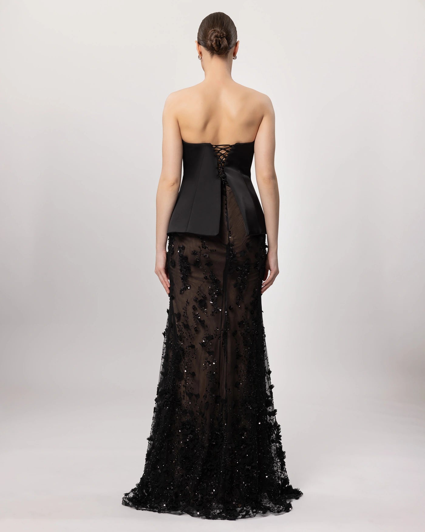 26162-Çiçek Aplikeli Straplez Couture Abiye Elbise.