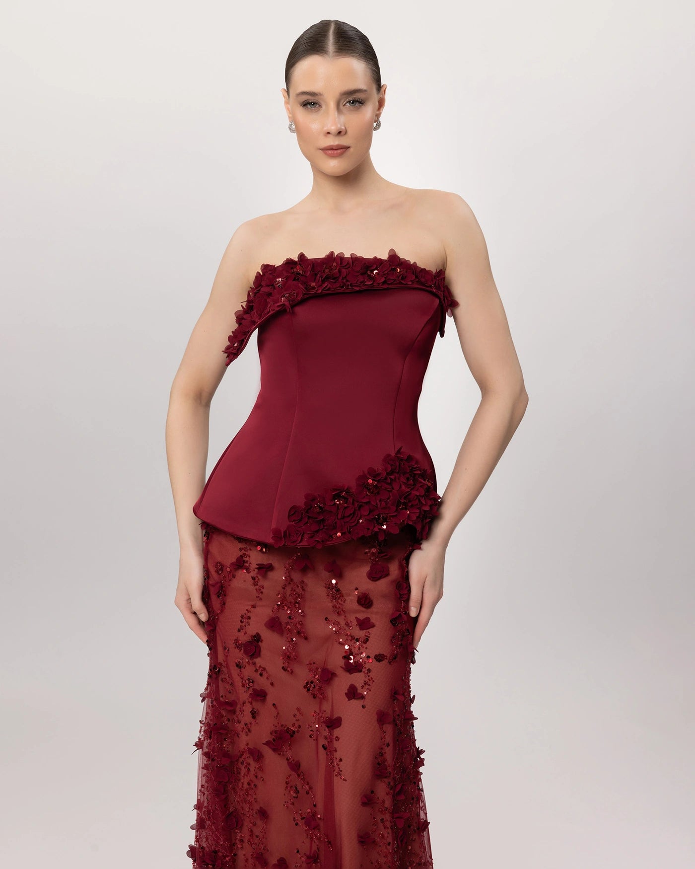 26162-Çiçek Aplikeli Straplez Couture Abiye Elbise.