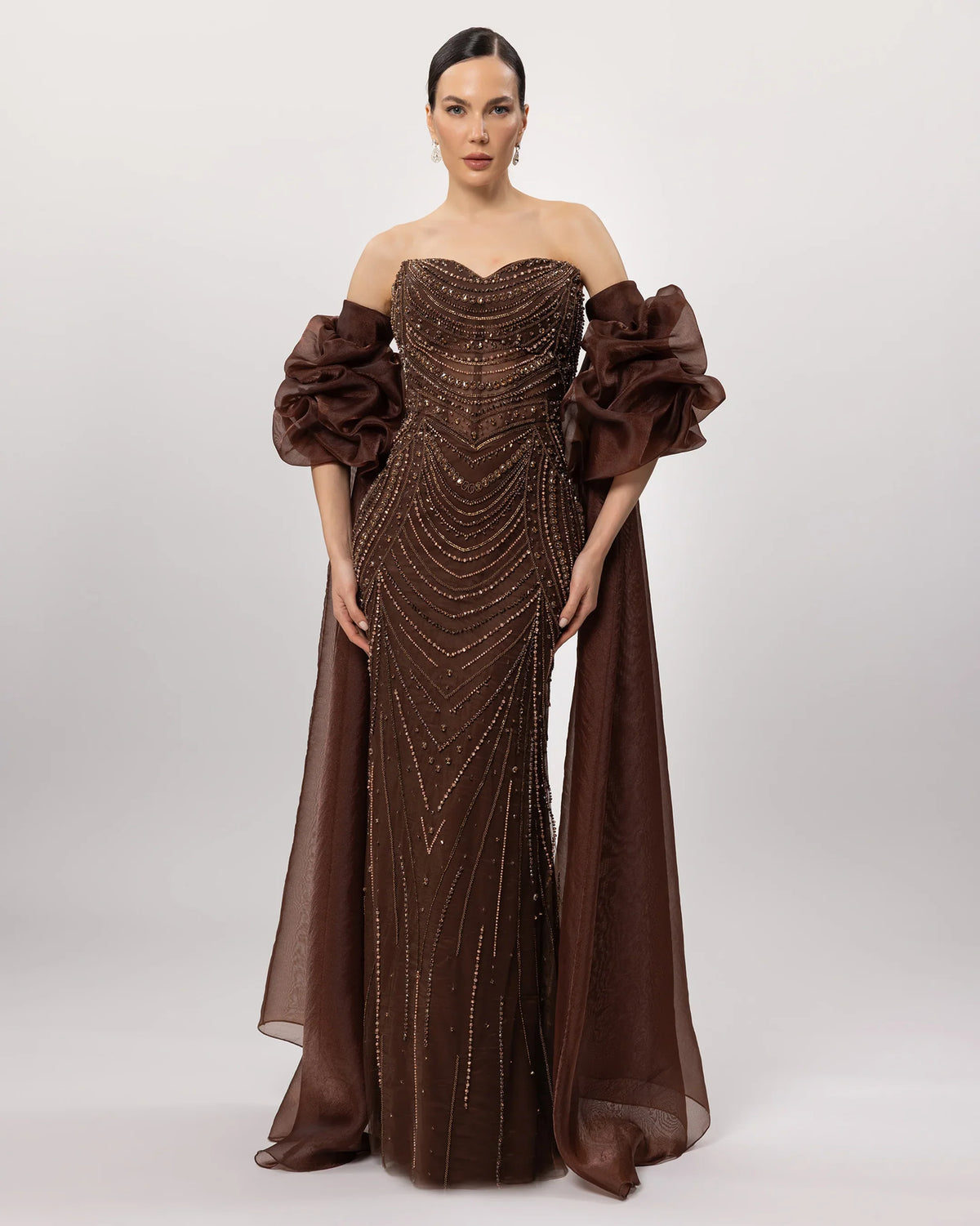 26171-Embroidered Strapless Long Evening Dress with Cape Detail