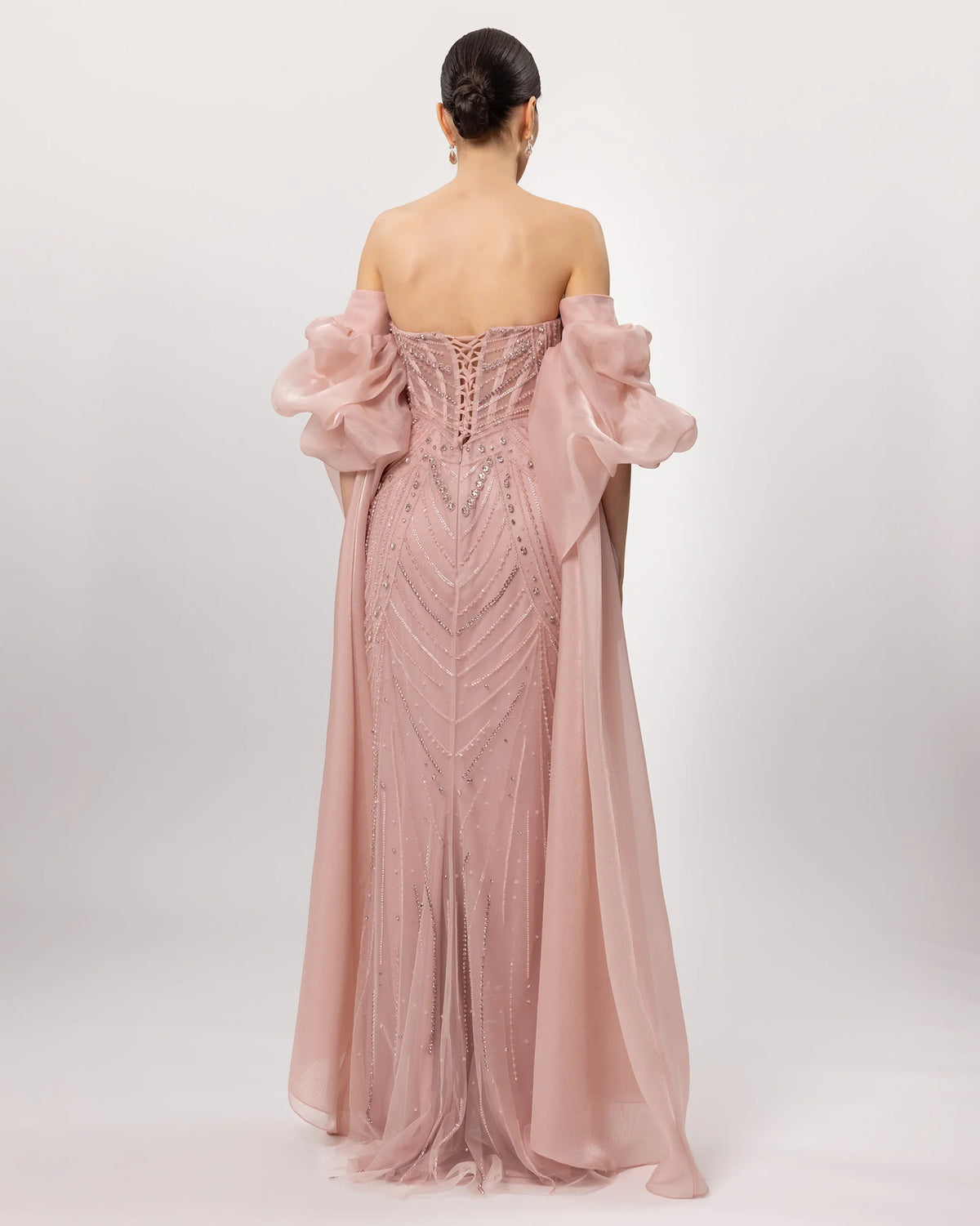 26171-Embroidered Strapless Long Evening Dress with Cape Detail