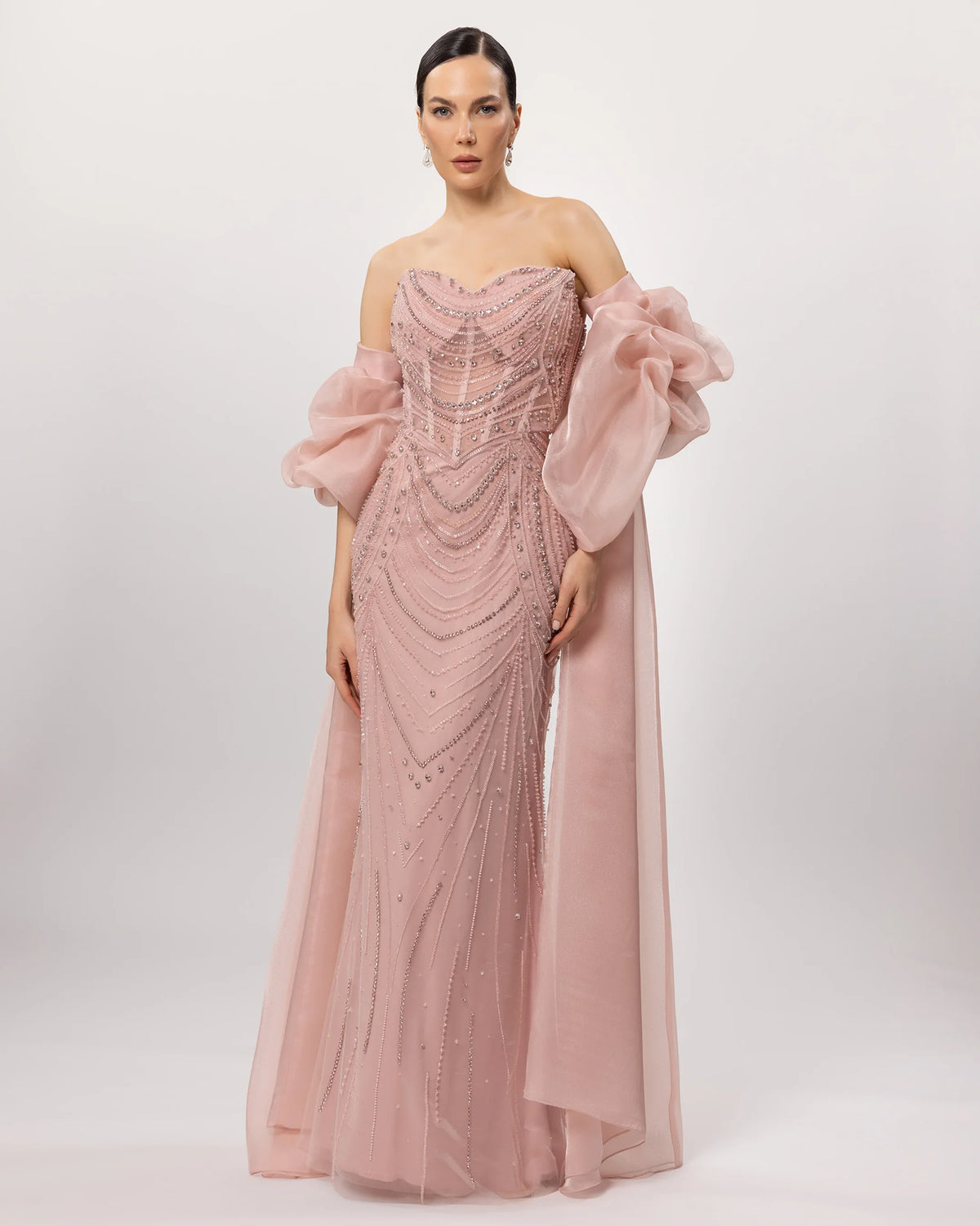 26171-Embroidered Strapless Long Evening Dress with Cape Detail