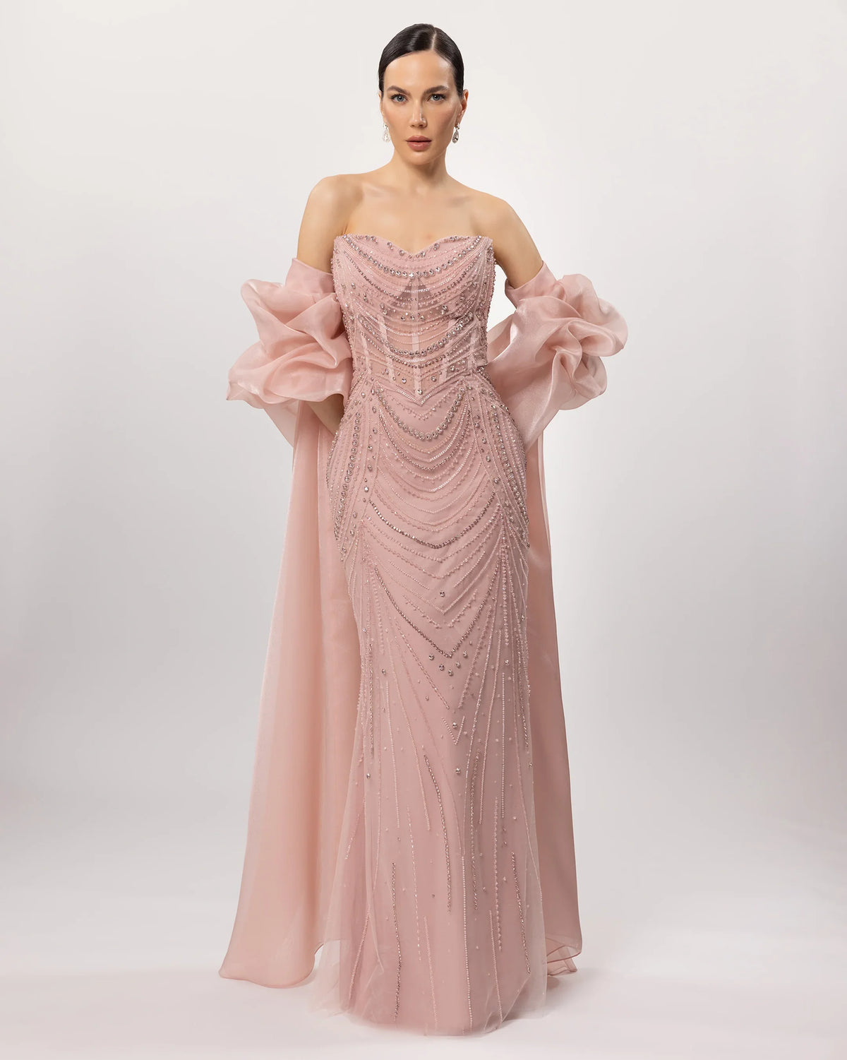 26171-Embroidered Strapless Long Evening Dress with Cape Detail