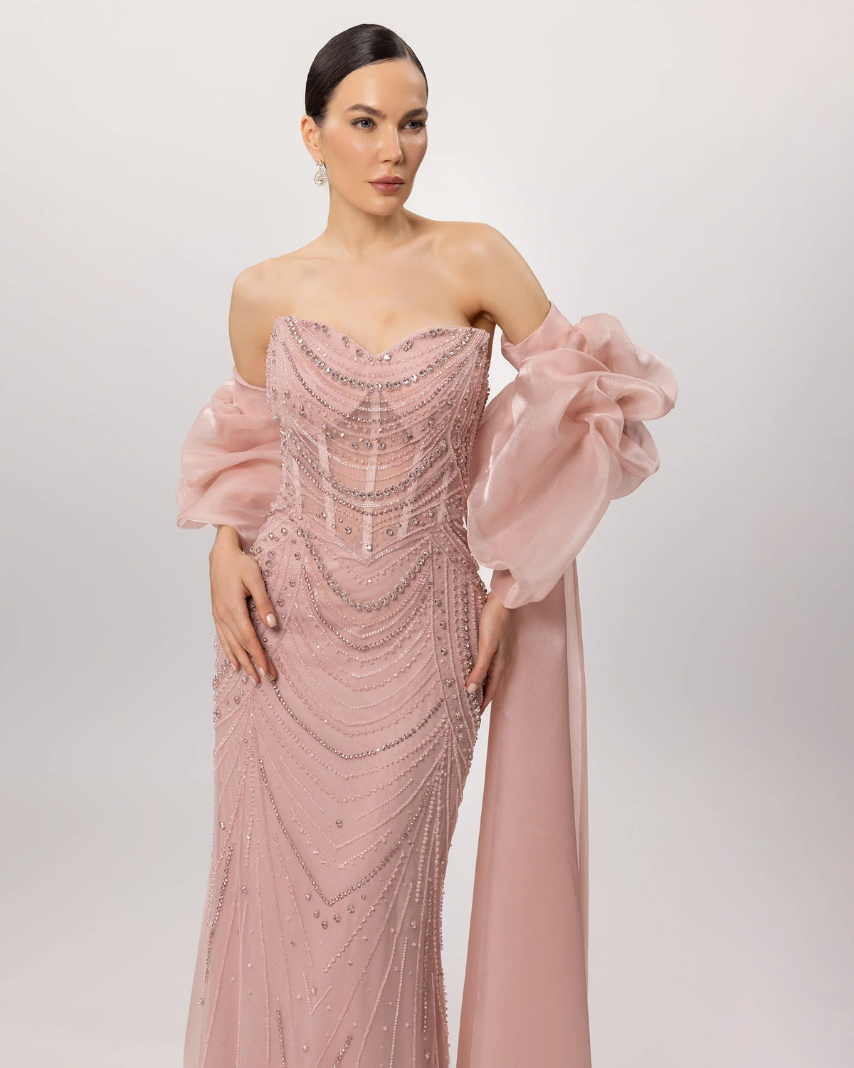 26171-Embroidered Strapless Long Evening Dress with Cape Detail