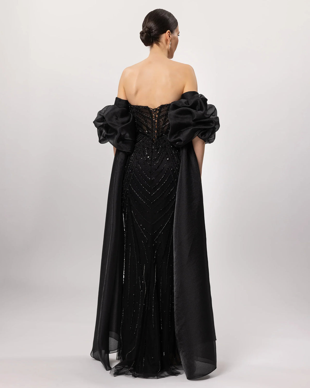 26171-Embroidered Strapless Long Evening Dress with Cape Detail