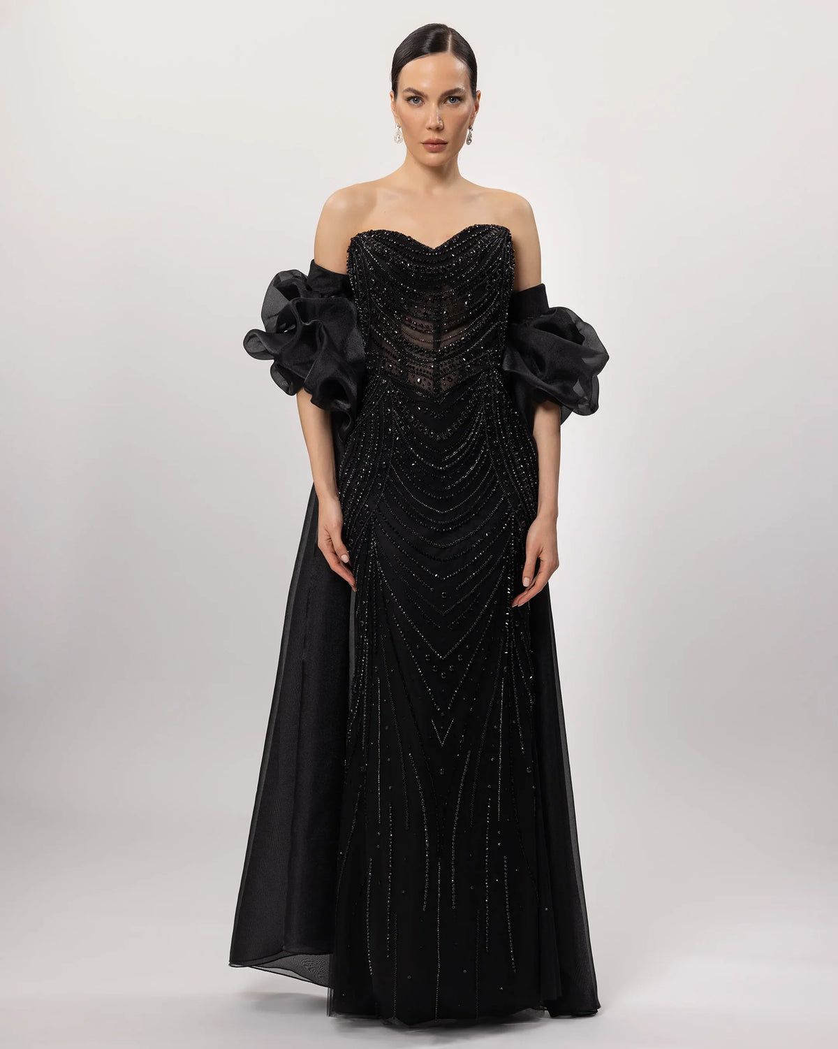 26171-Embroidered Strapless Long Evening Dress with Cape Detail