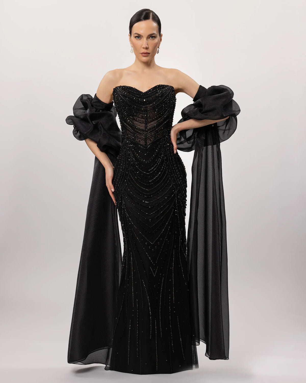 26171-Embroidered Strapless Long Evening Dress with Cape Detail