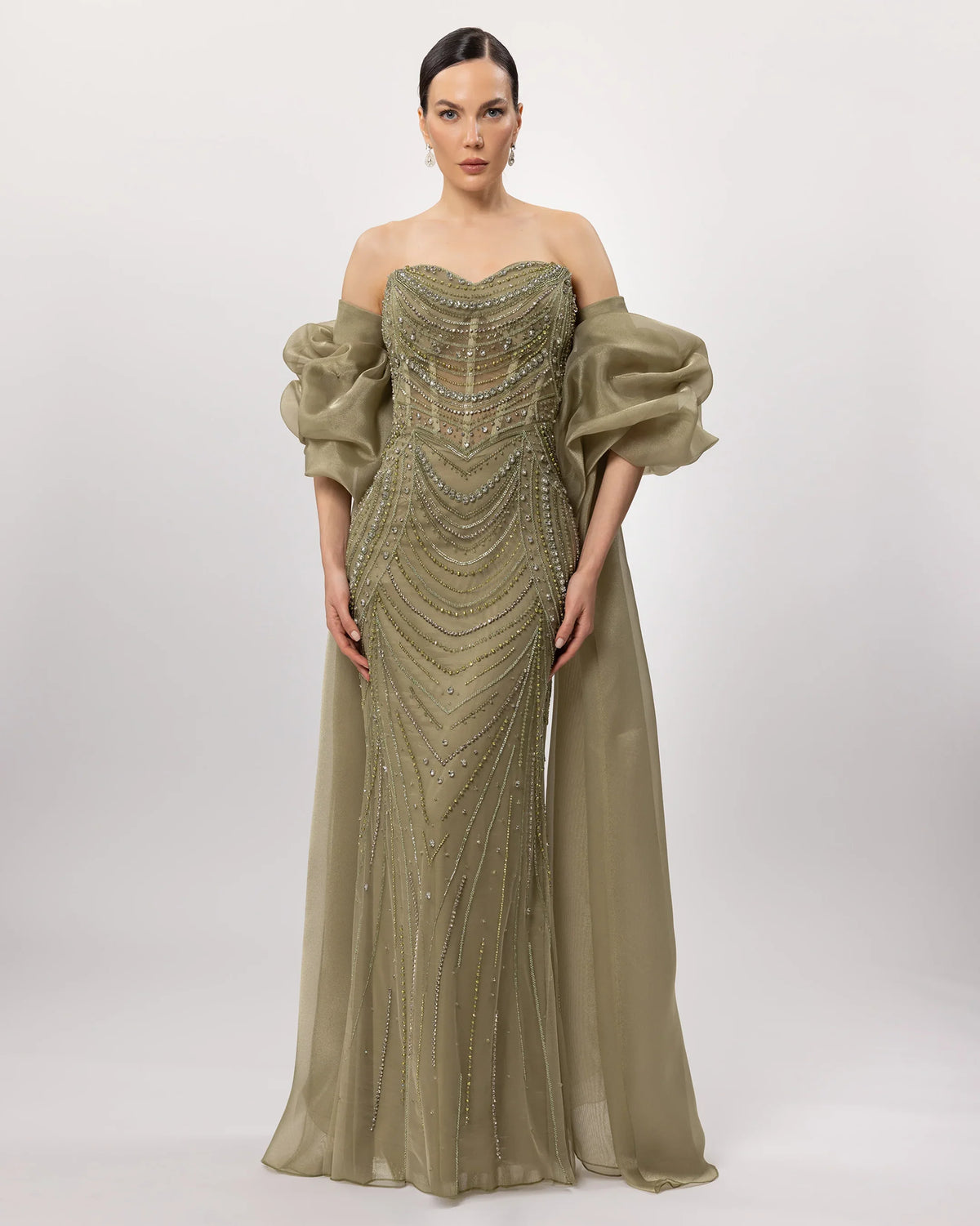 26171-Embroidered Strapless Long Evening Dress with Cape Detail