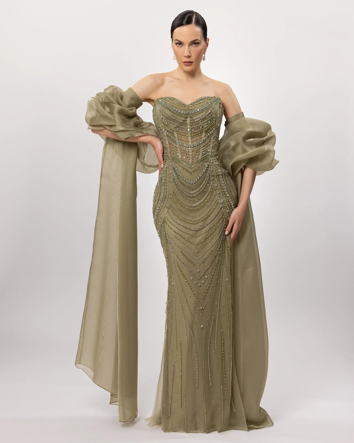 26171-Embroidered Strapless Long Evening Dress with Cape Detail