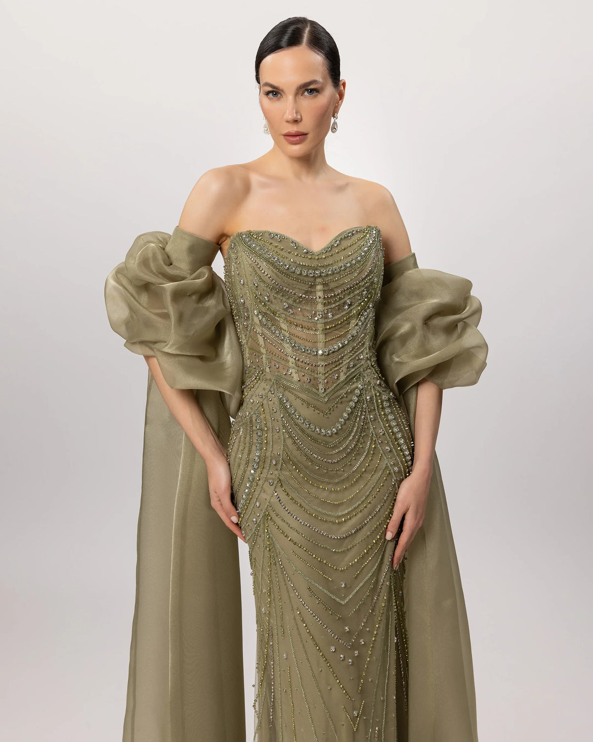 26171-Embroidered Strapless Long Evening Dress with Cape Detail