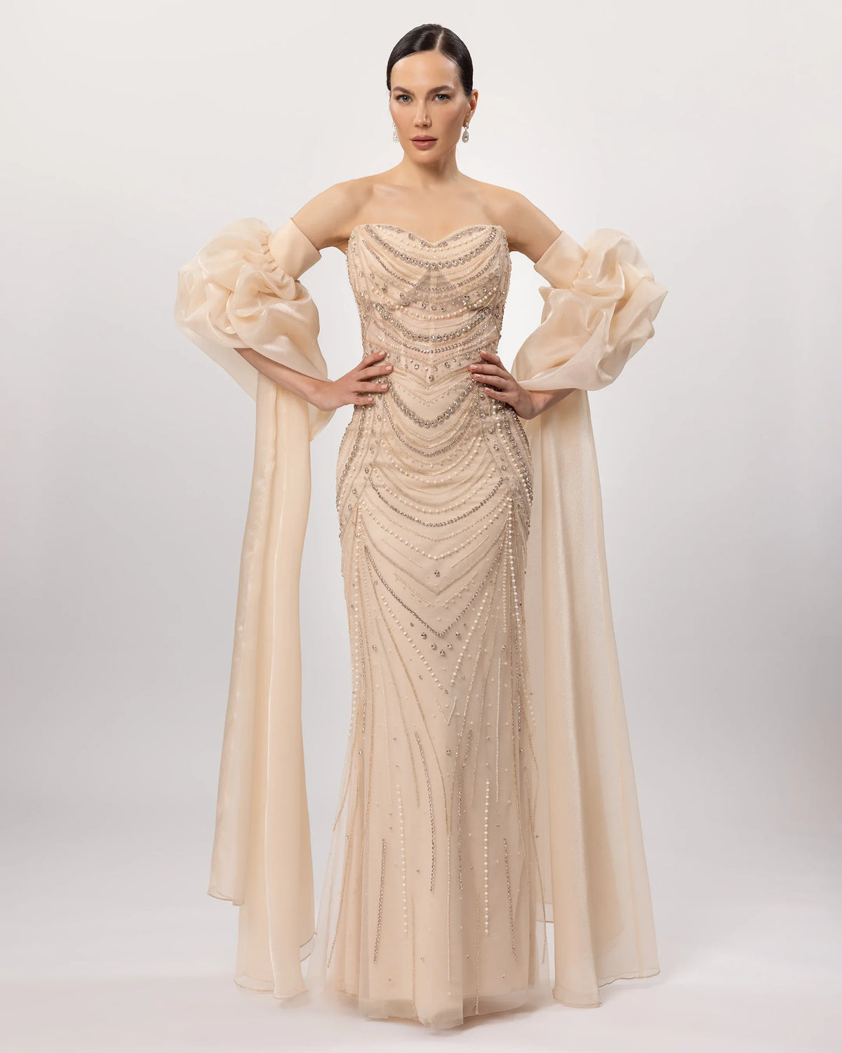 26171-Embroidered Strapless Long Evening Dress with Cape Detail