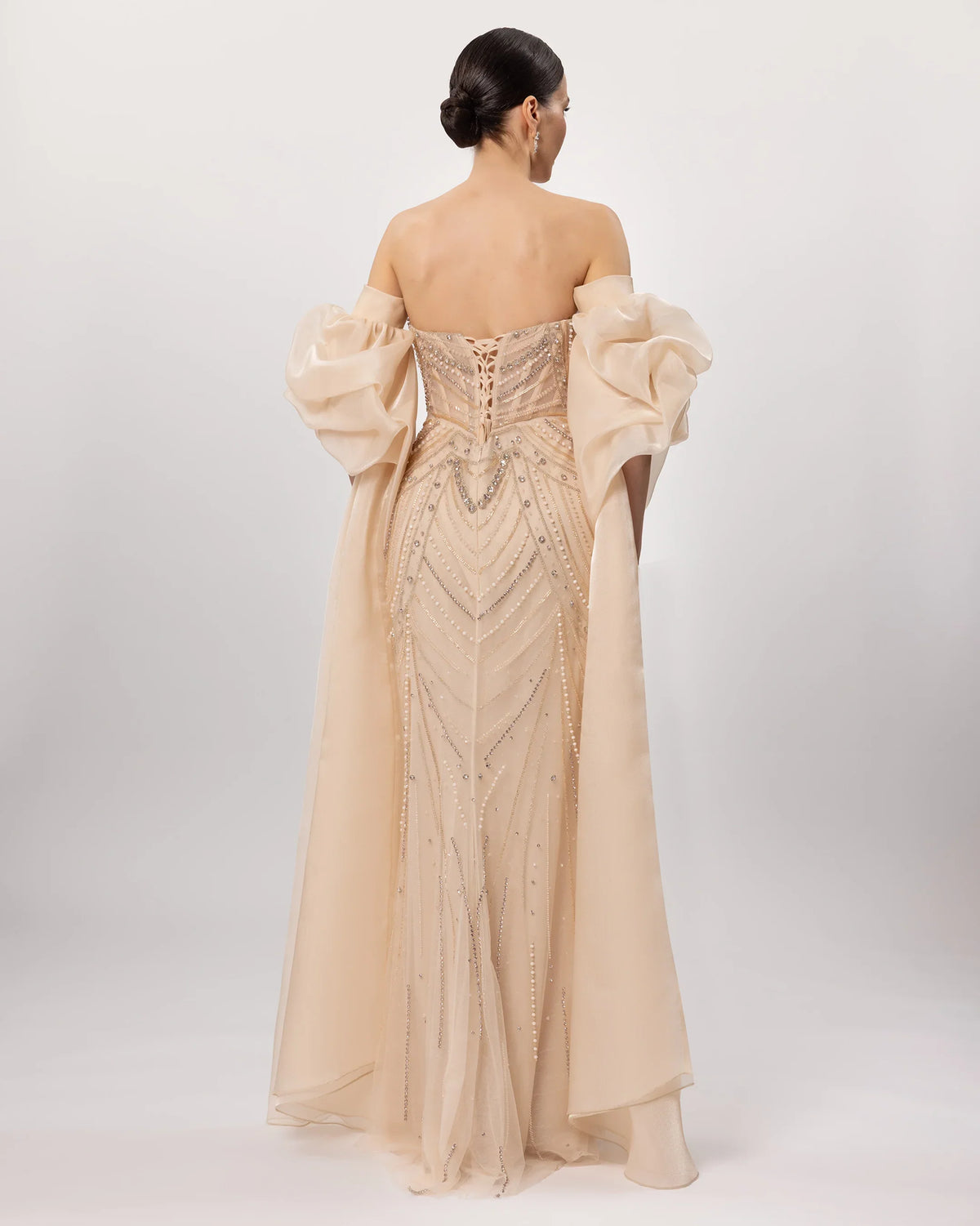 26171-Embroidered Strapless Long Evening Dress with Cape Detail