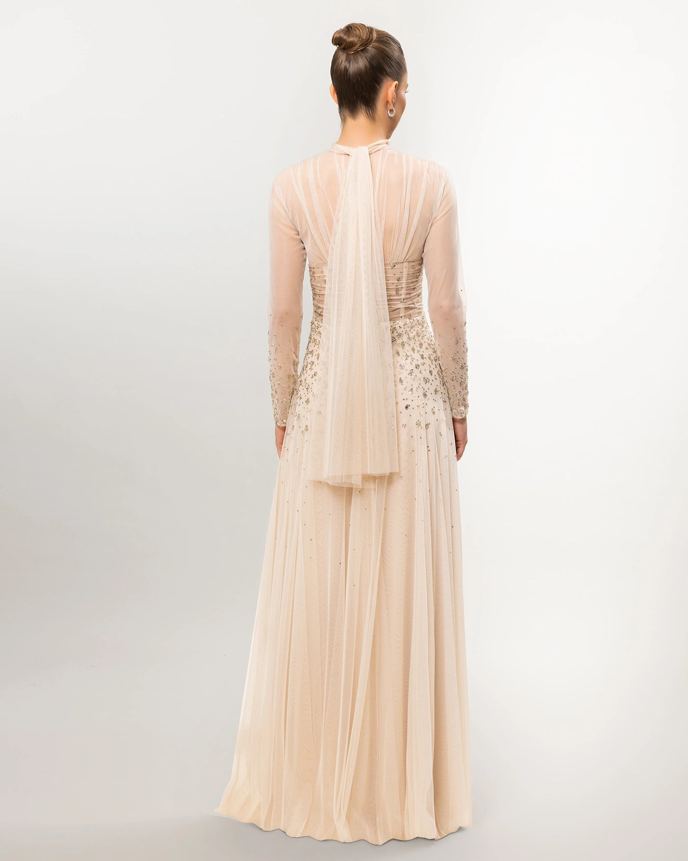 26176-Long Sleeve Elegant Beaded Tulle Long Evening Dress