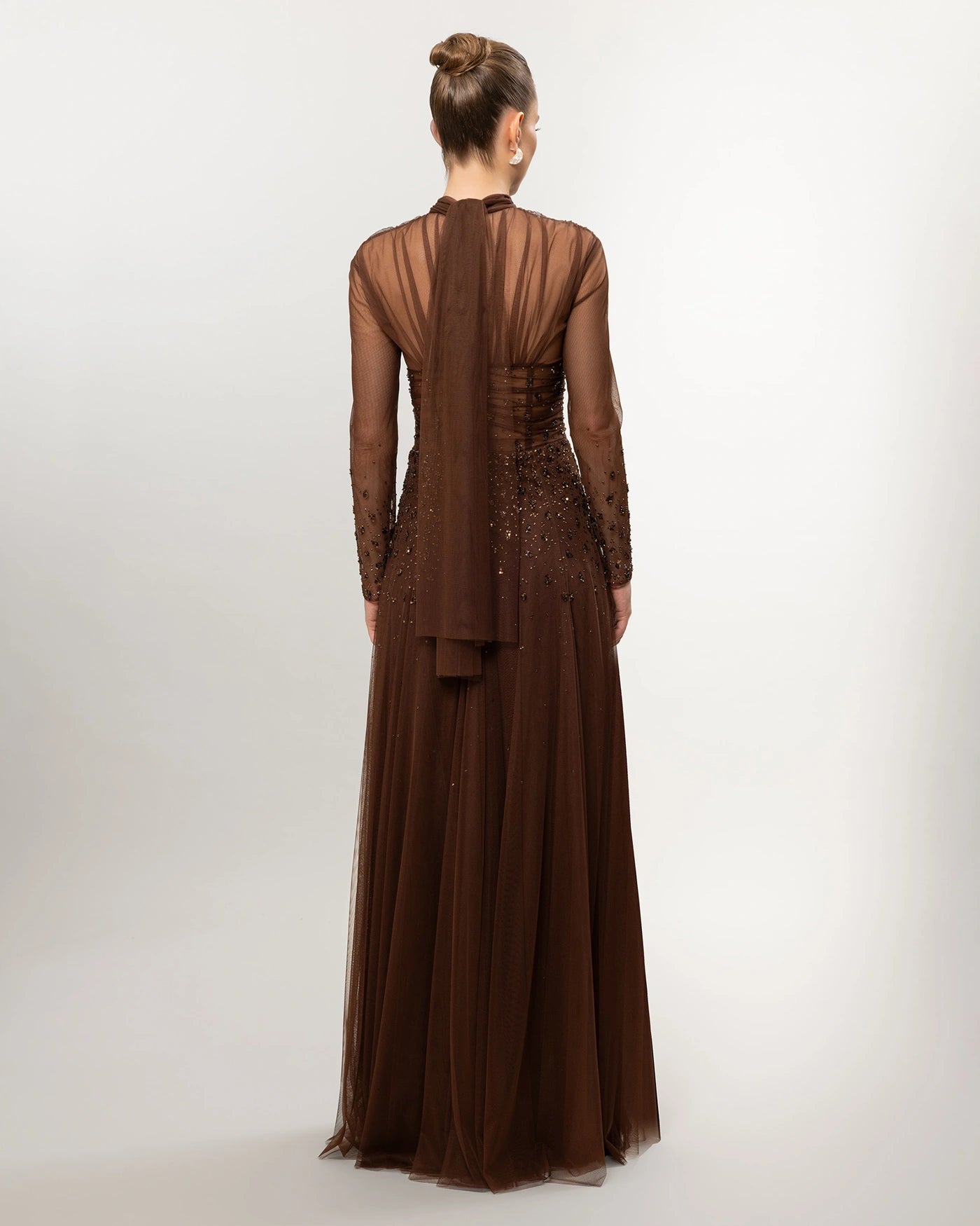 26176-Long Sleeve Elegant Beaded Tulle Long Evening Dress