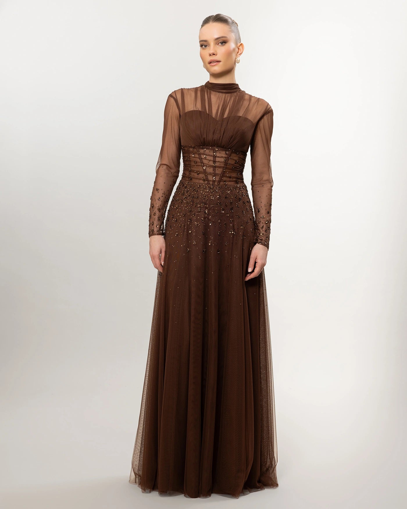26176-Long Sleeve Elegant Beaded Tulle Long Evening Dress