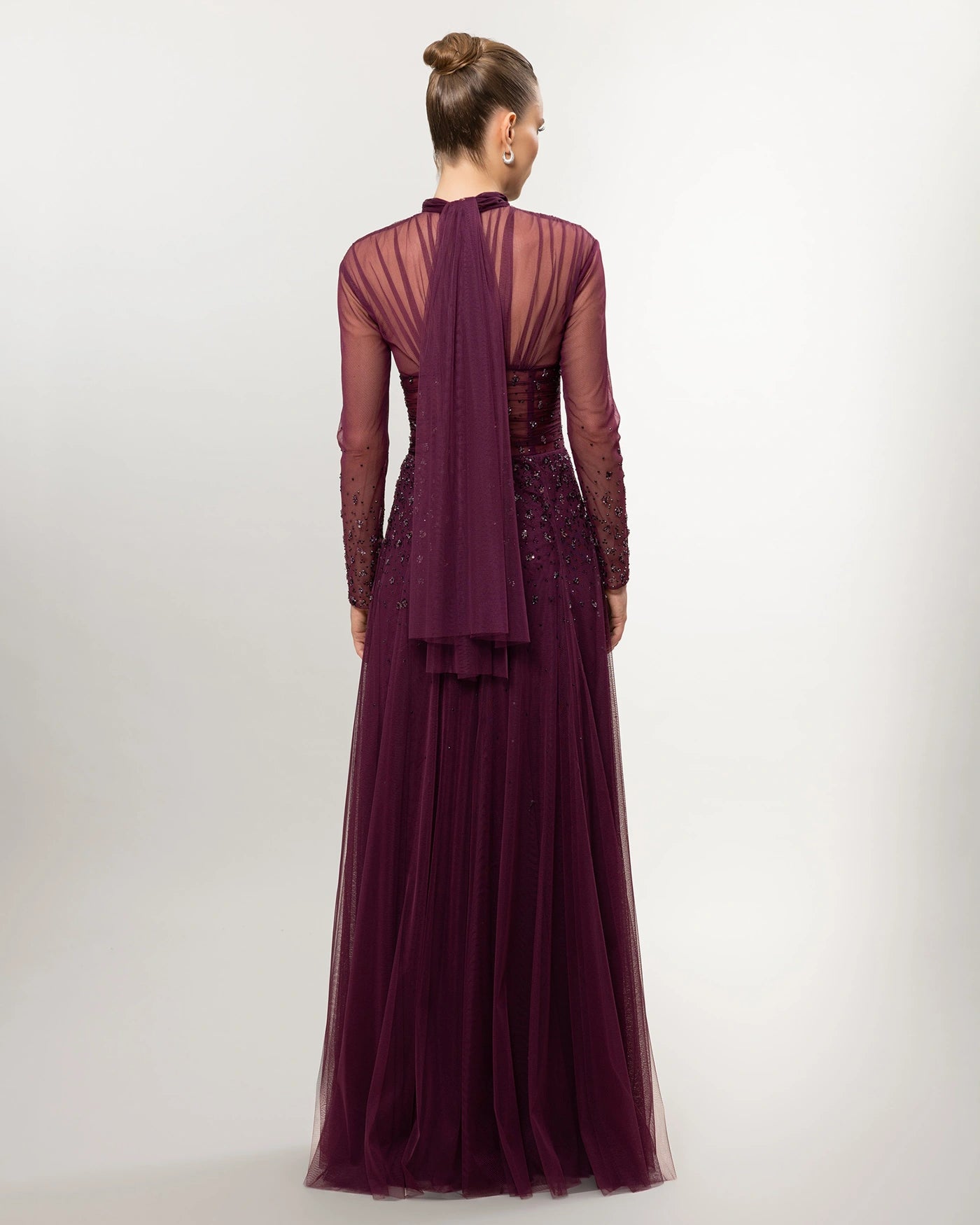 26176-Long Sleeve Elegant Beaded Tulle Long Evening Dress