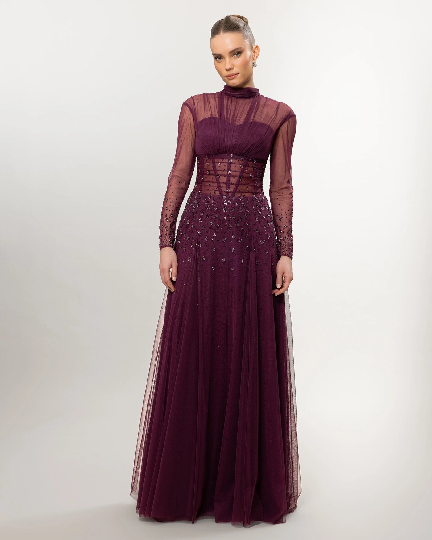 26176-Long Sleeve Elegant Beaded Tulle Long Evening Dress