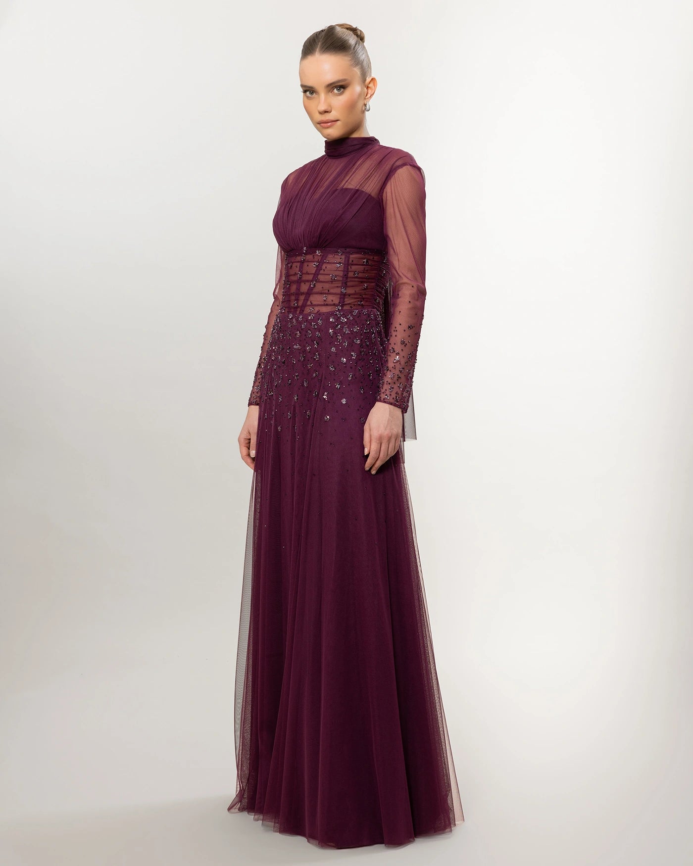 26176-Long Sleeve Elegant Beaded Tulle Long Evening Dress