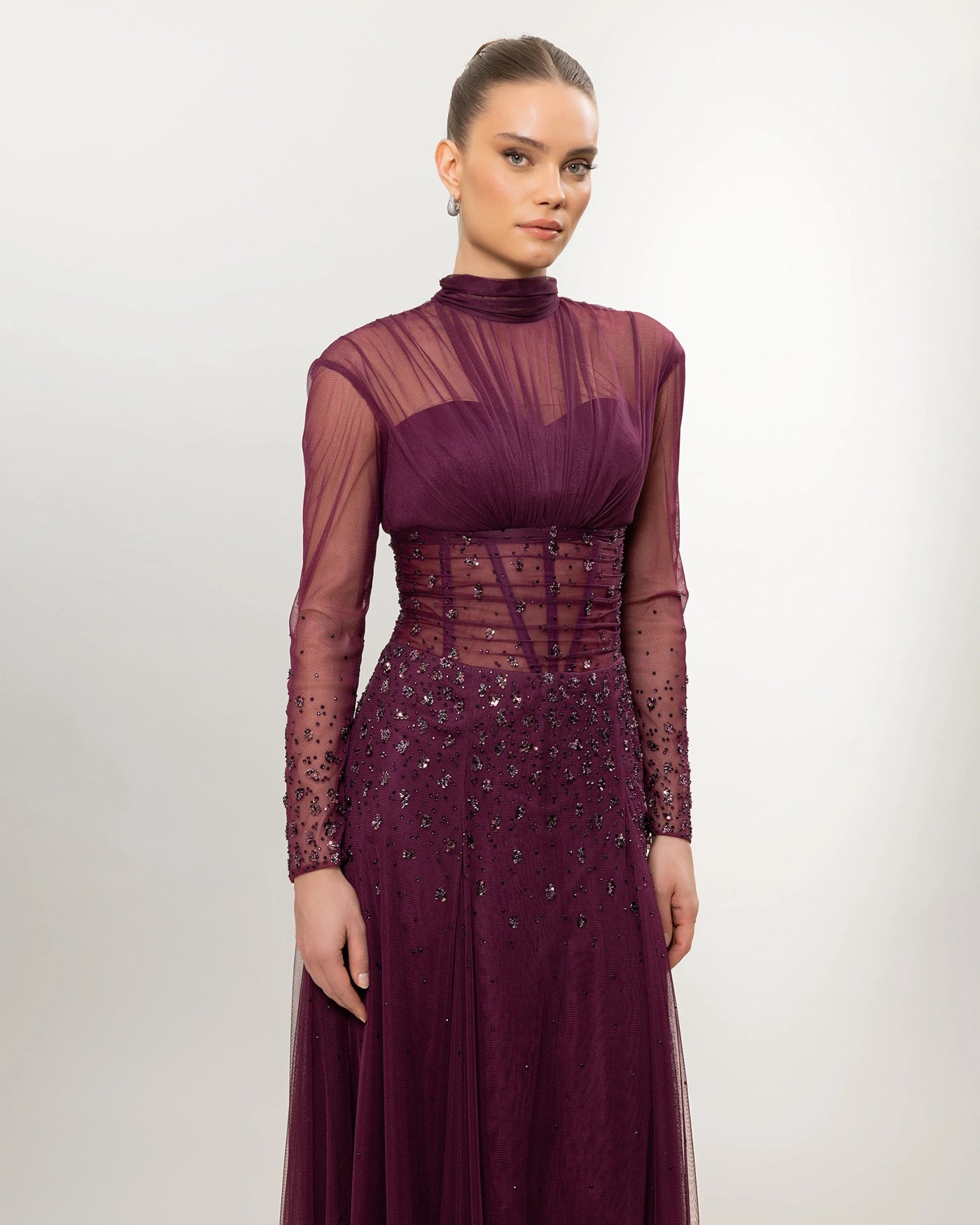 26176-Long Sleeve Elegant Beaded Tulle Long Evening Dress