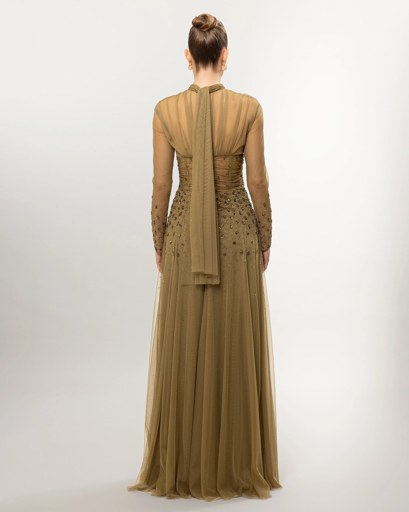 26176-Long Sleeve Elegant Beaded Tulle Long Evening Dress