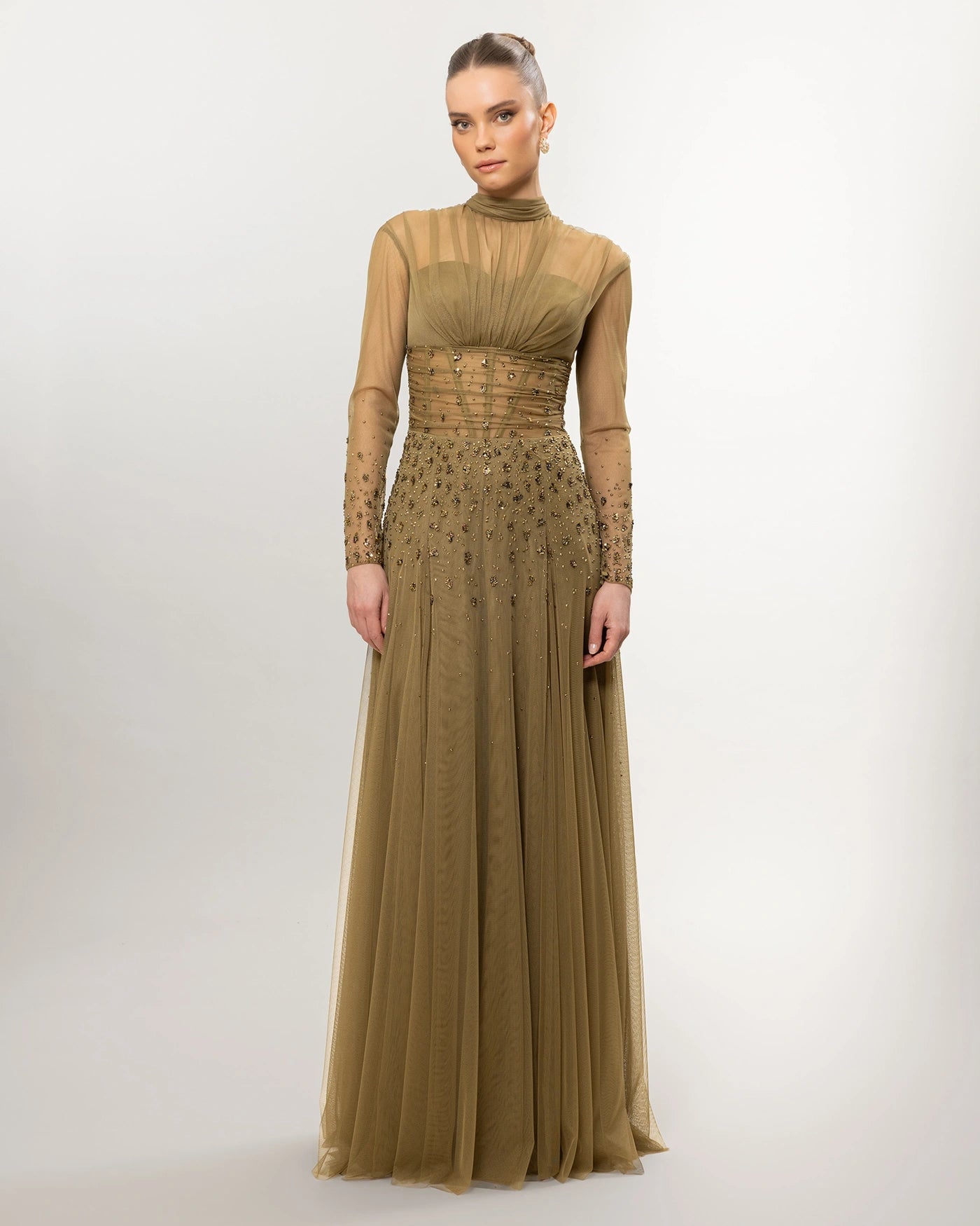 26176-Long Sleeve Elegant Beaded Tulle Long Evening Dress