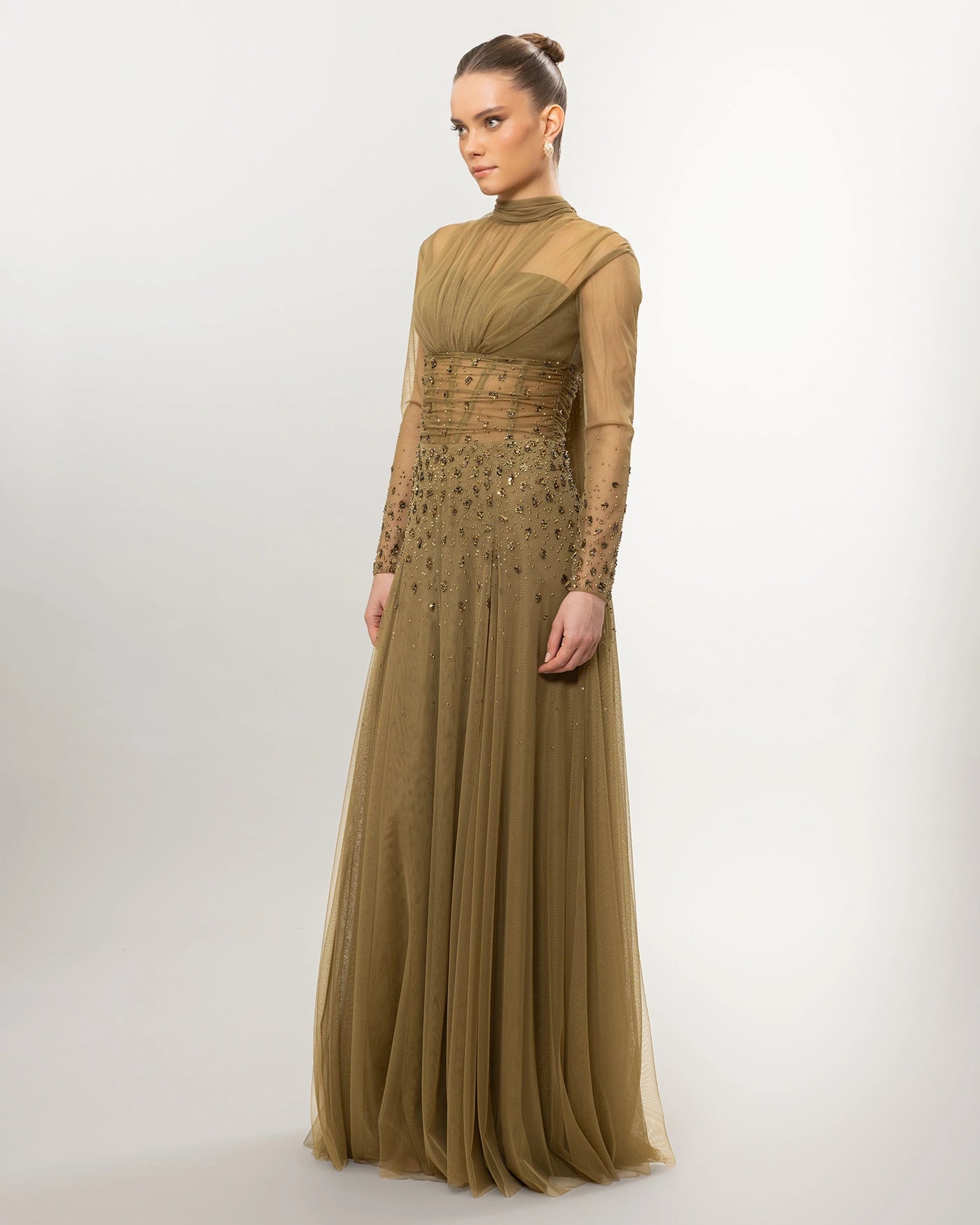 26176-Long Sleeve Elegant Beaded Tulle Long Evening Dress