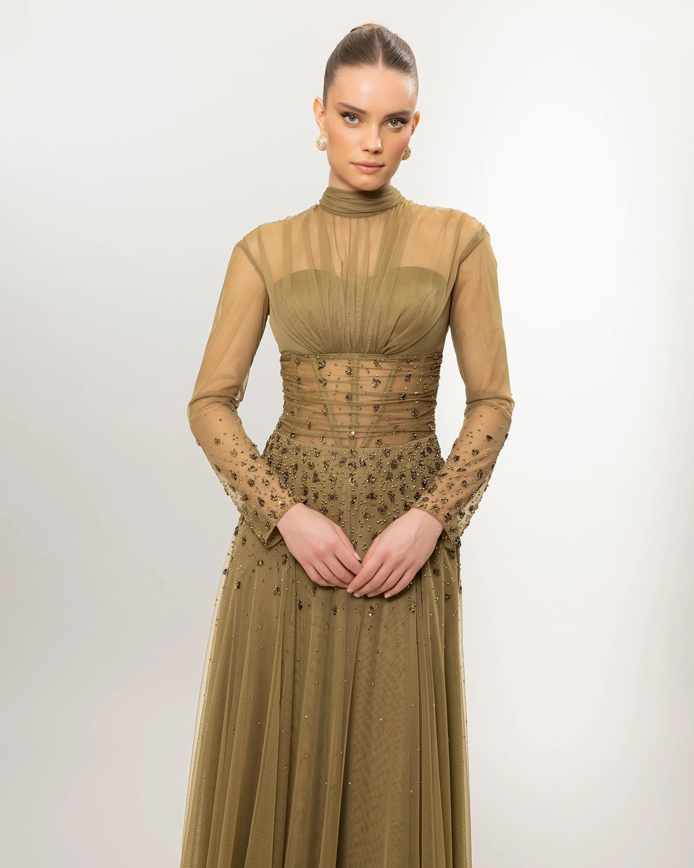 26176-Long Sleeve Elegant Beaded Tulle Long Evening Dress