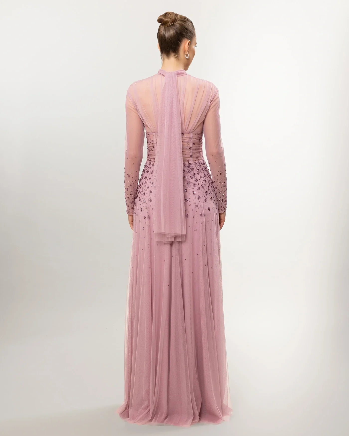 26176-Long Sleeve Elegant Beaded Tulle Long Evening Dress