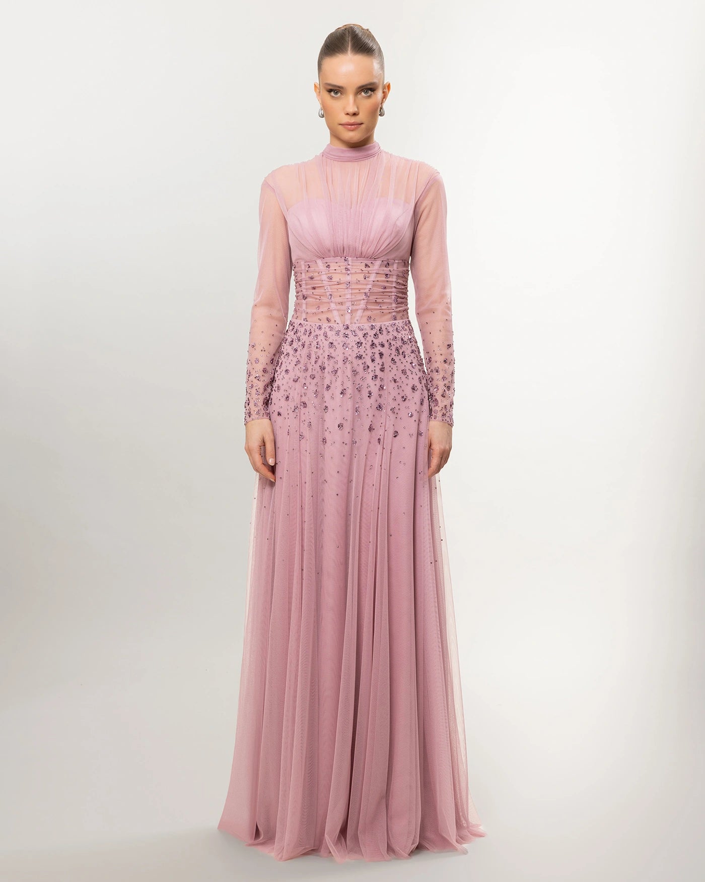 26176-Long Sleeve Elegant Beaded Tulle Long Evening Dress