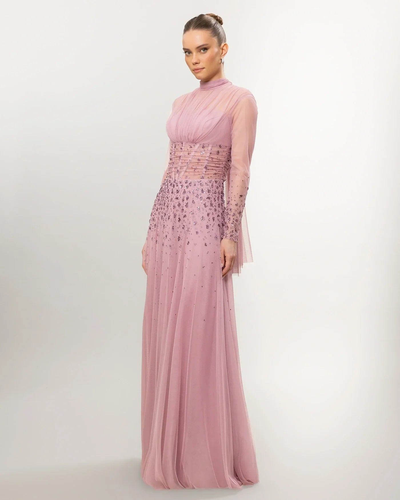 26176-Long Sleeve Elegant Beaded Tulle Long Evening Dress