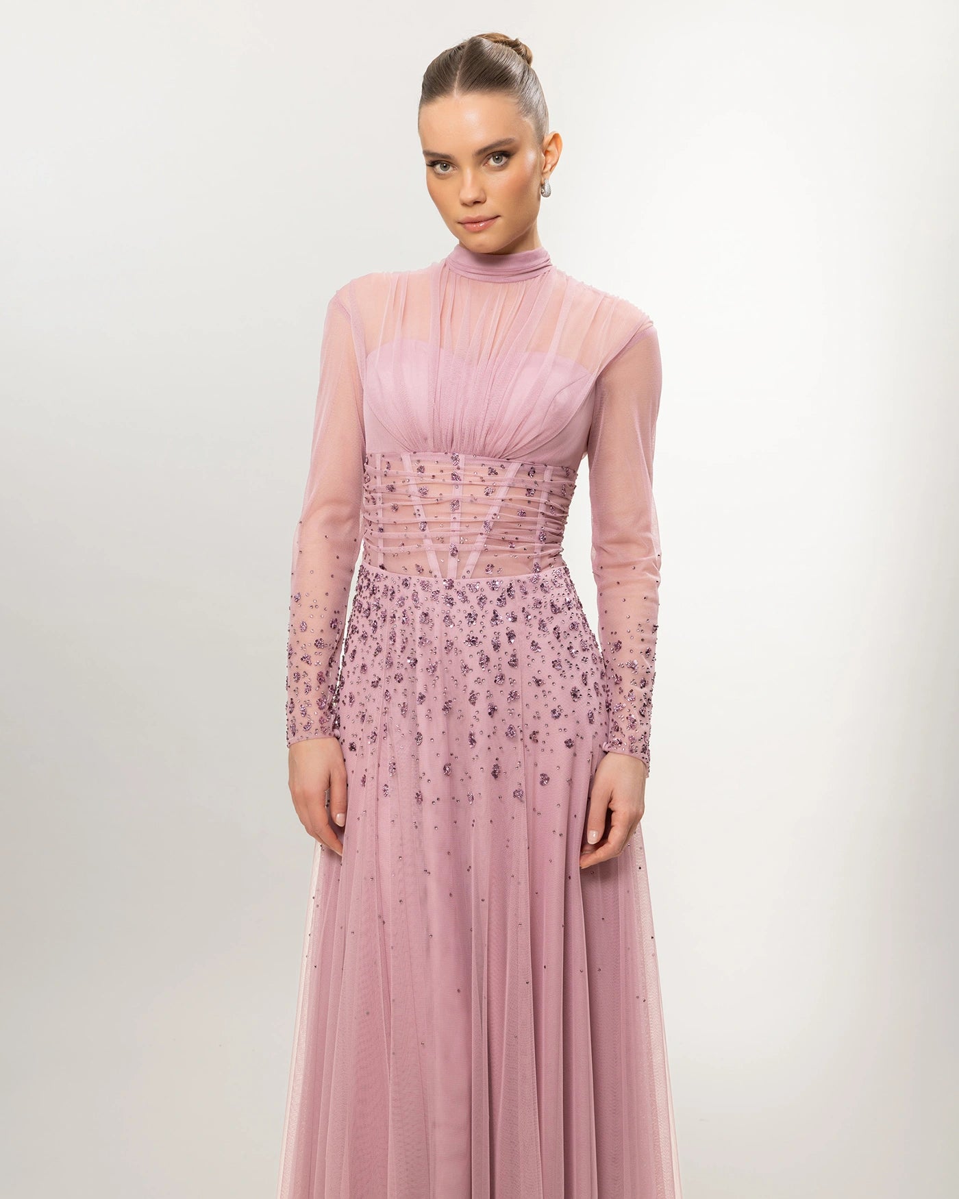 26176-Long Sleeve Elegant Beaded Tulle Long Evening Dress