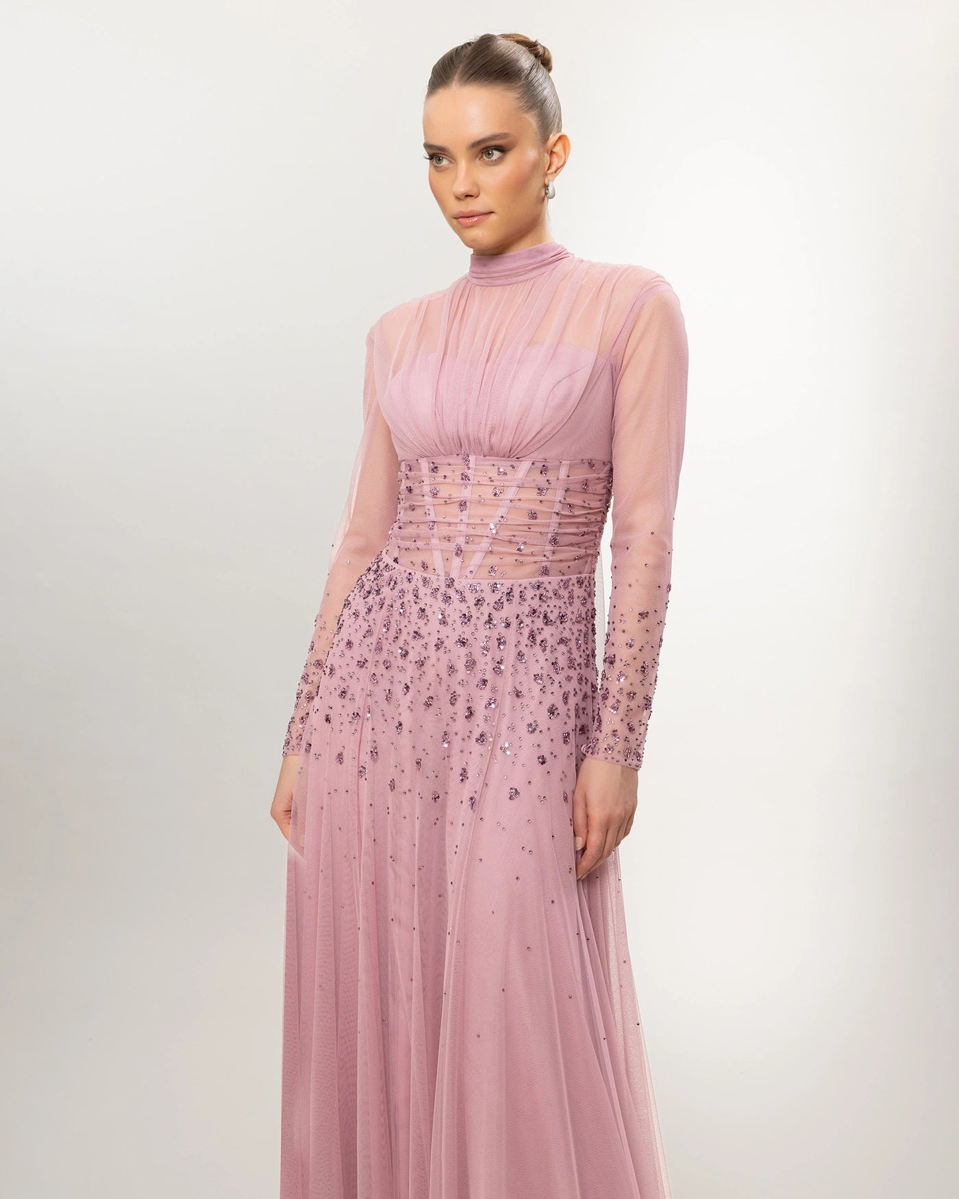 26176-Long Sleeve Elegant Beaded Tulle Long Evening Dress