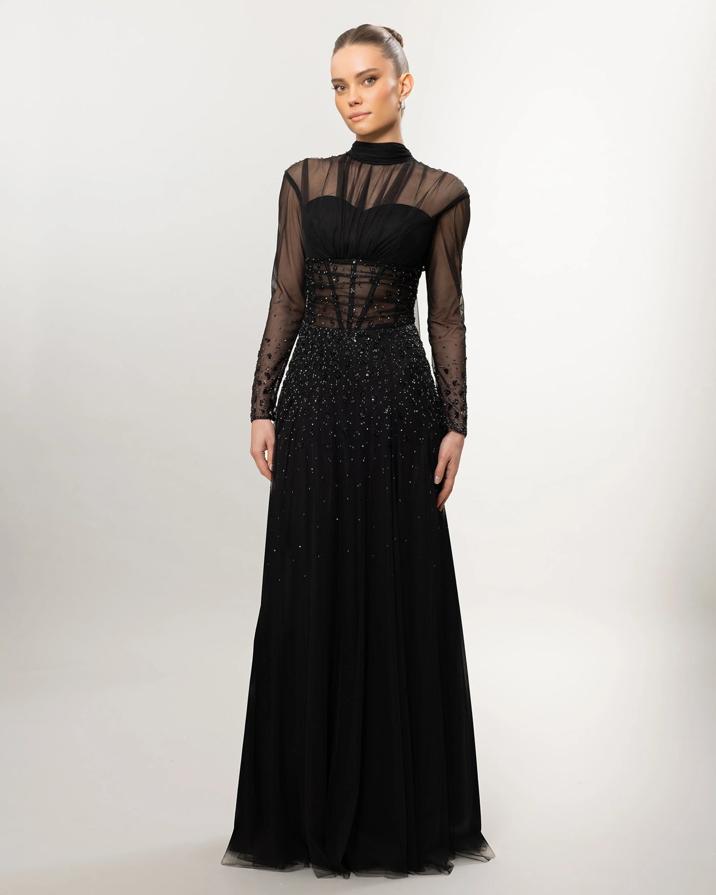 26176-Long Sleeve Elegant Beaded Tulle Long Evening Dress
