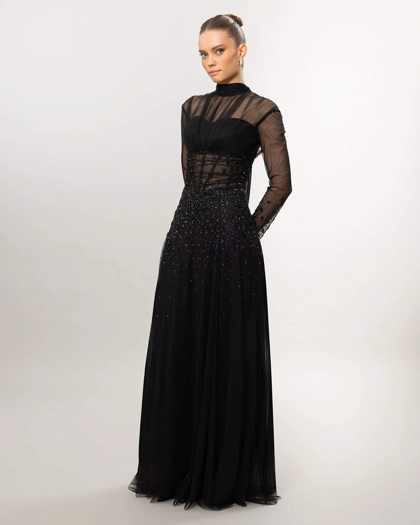 26176-Long Sleeve Elegant Beaded Tulle Long Evening Dress