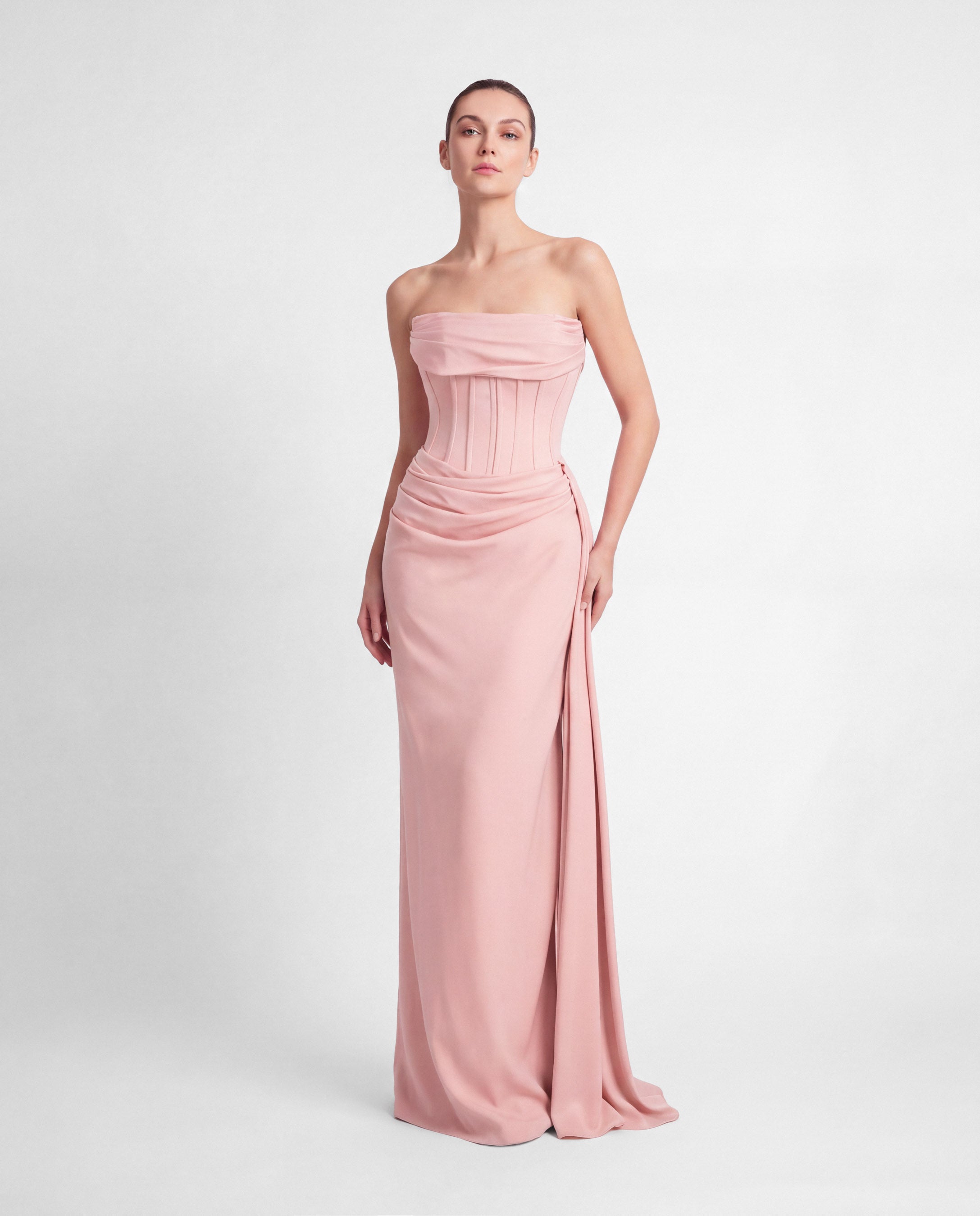 26179-Degaje Yaka Beli Fit Drapeli Abiye Elbise