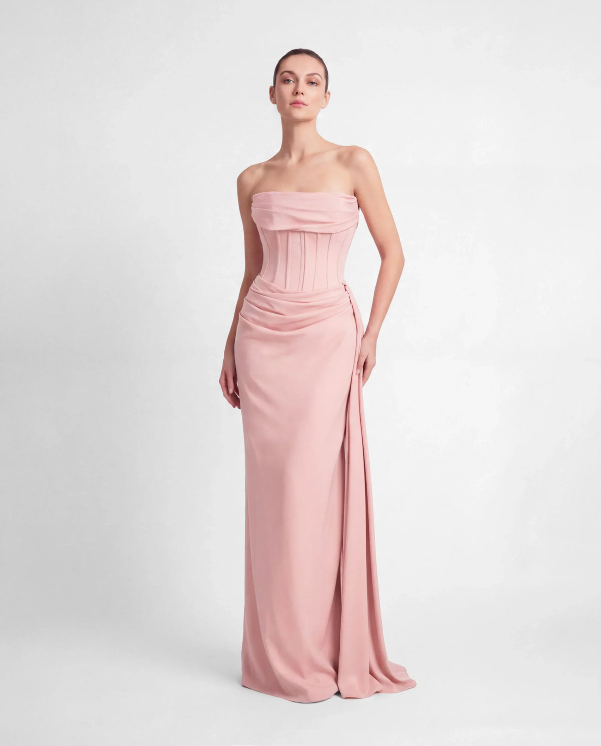 26179-Degaje Yaka Beli Fit Drapeli Abiye Elbise
