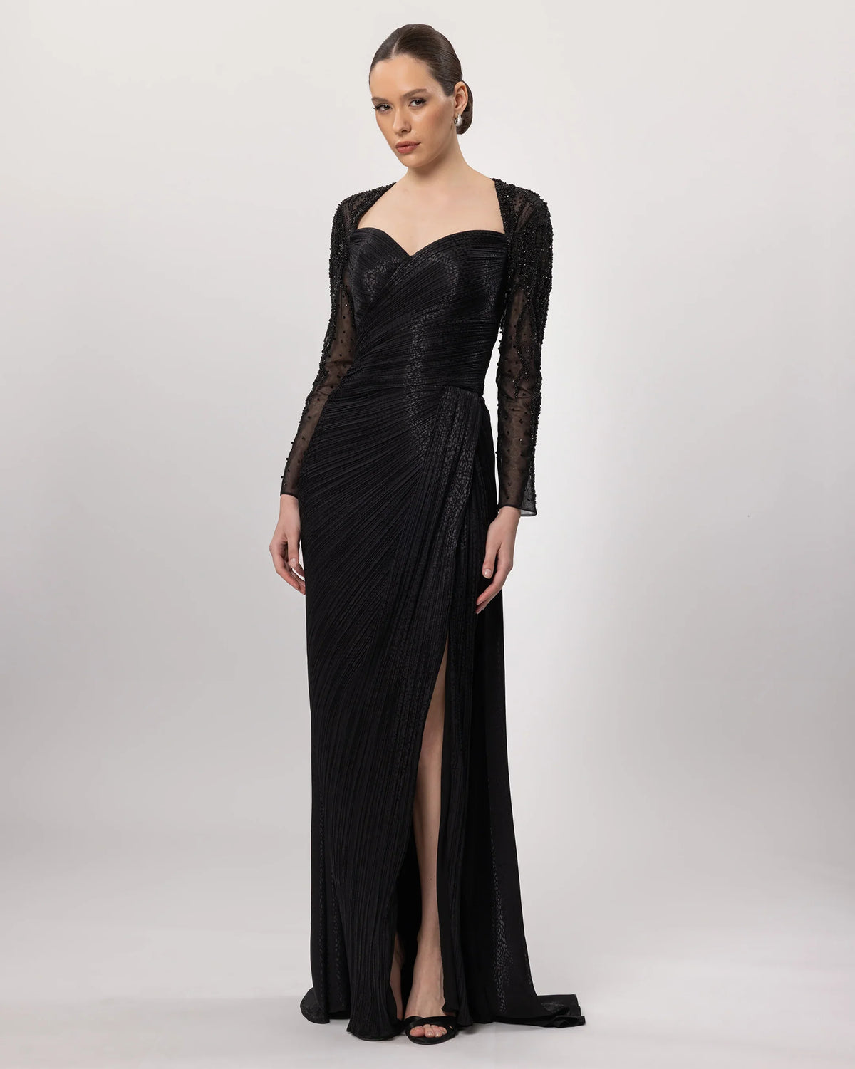 26181-Sleeve Embroidered Long Sleeve Slit Long Evening Dress