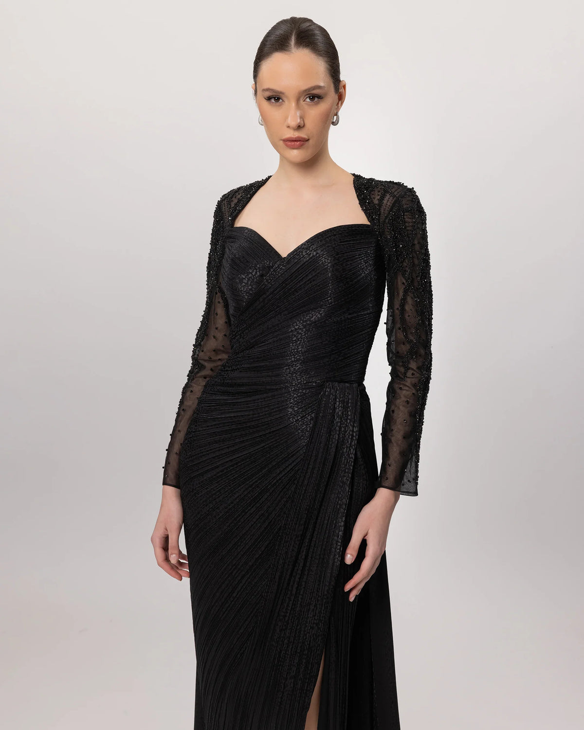 26181-Sleeve Embroidered Long Sleeve Slit Long Evening Dress