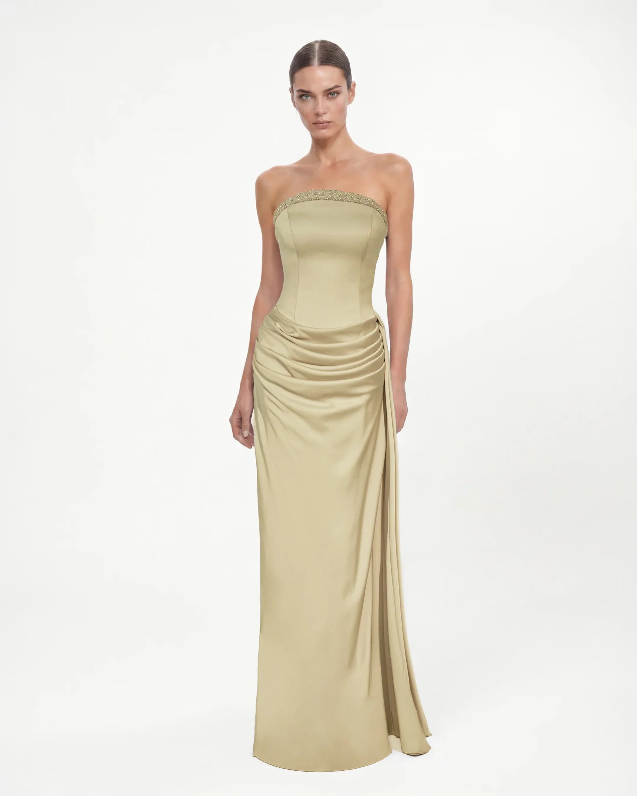 26183-Strapless Draped Long Evening Dress