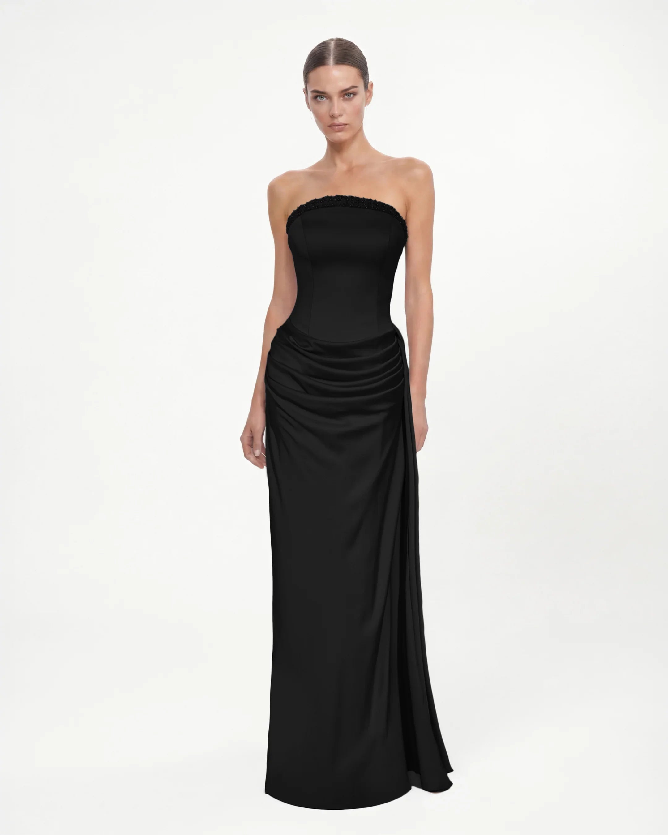 26183-Strapless Draped Long Evening Dress