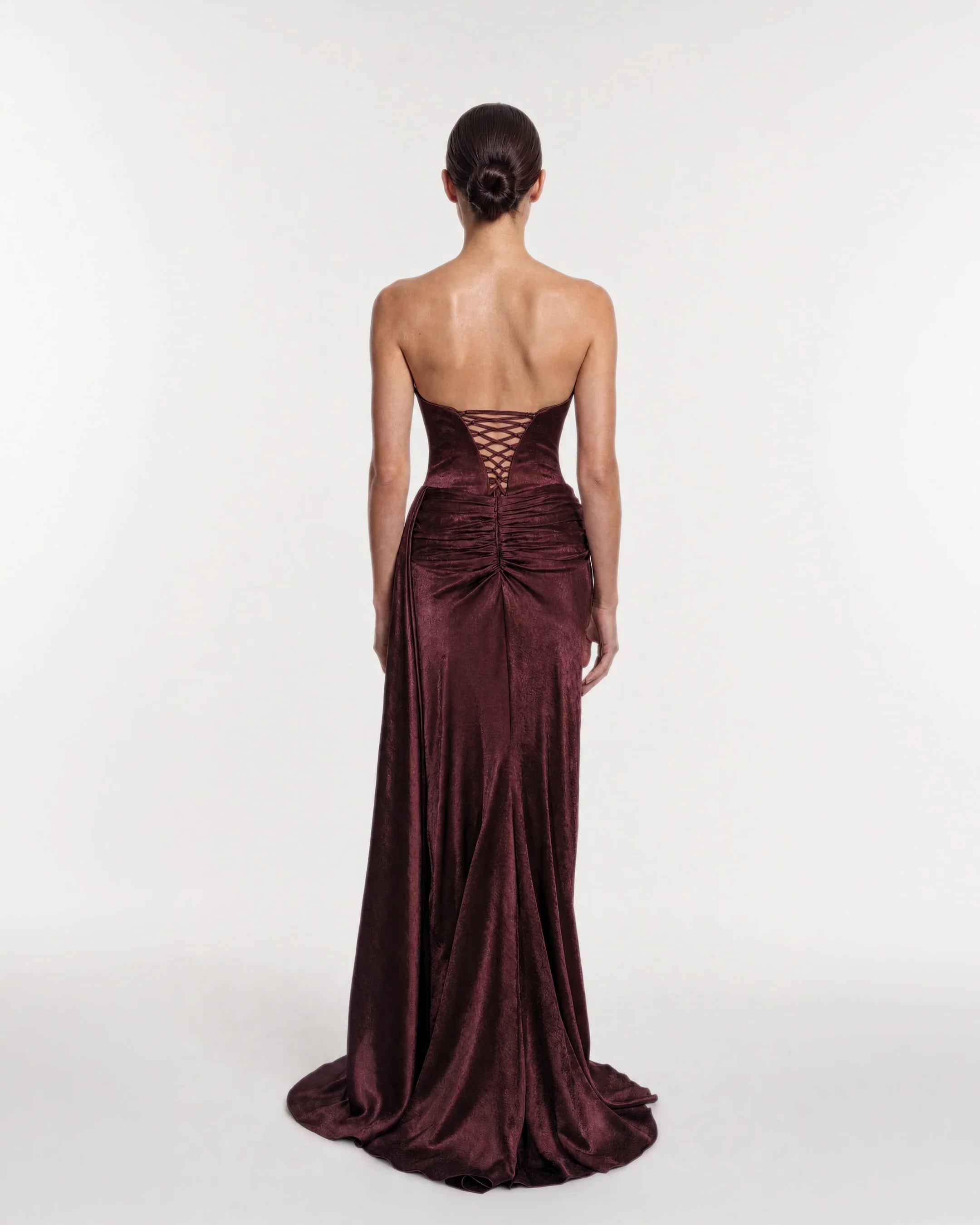 26193-Strapless Draped Long Satin Evening Dress
