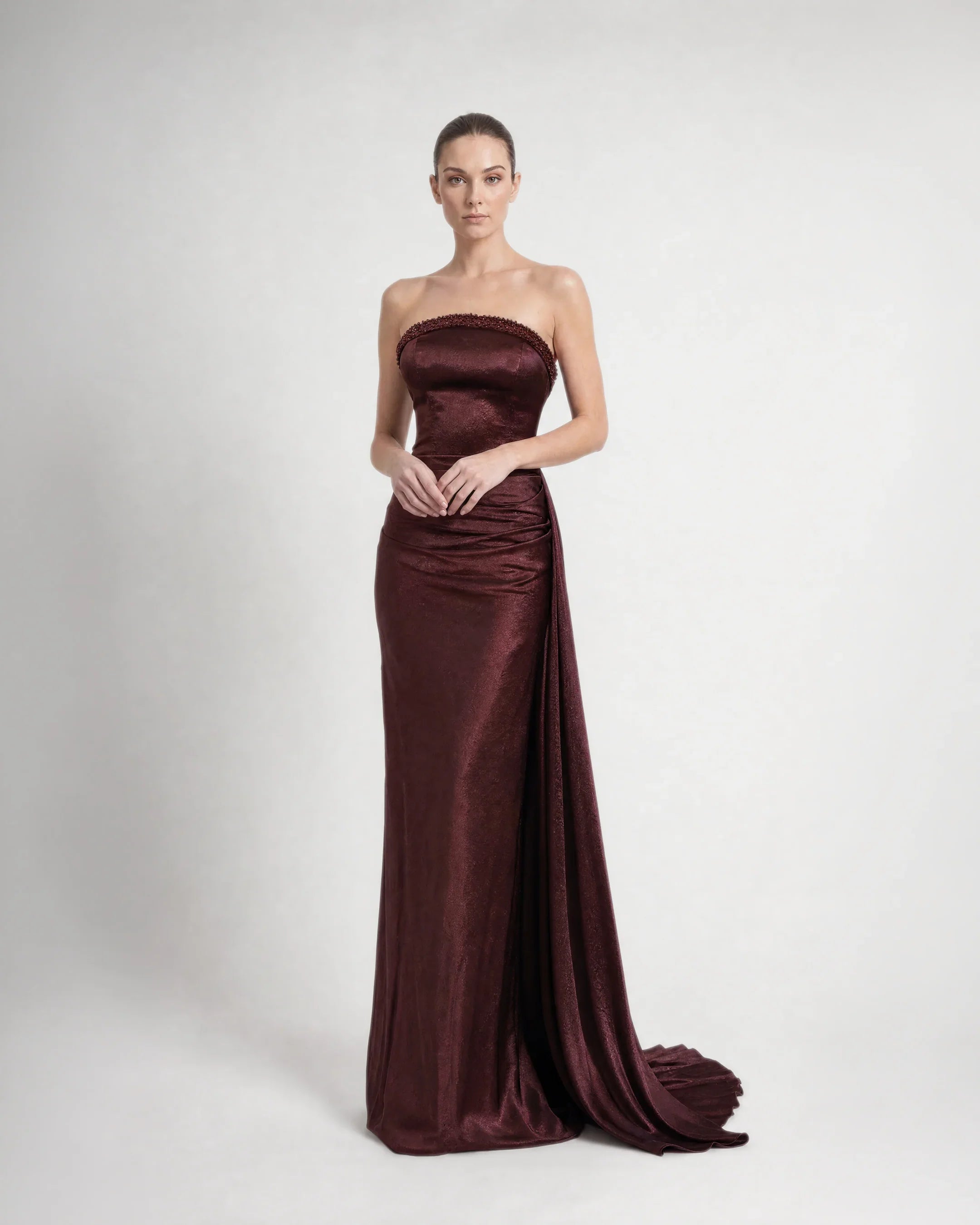 26193-Strapless Draped Long Satin Evening Dress