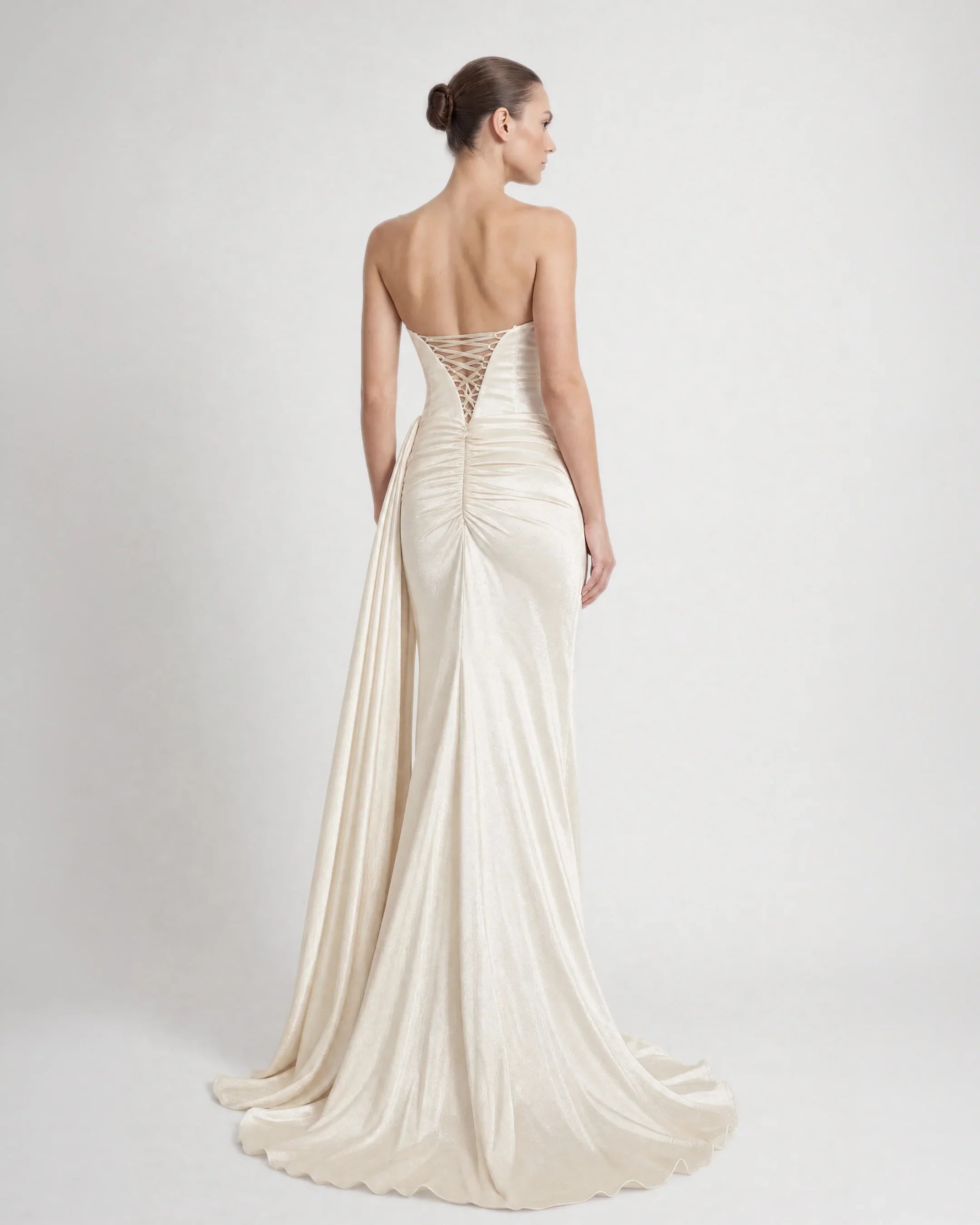 26193-Strapless Draped Long Satin Evening Dress
