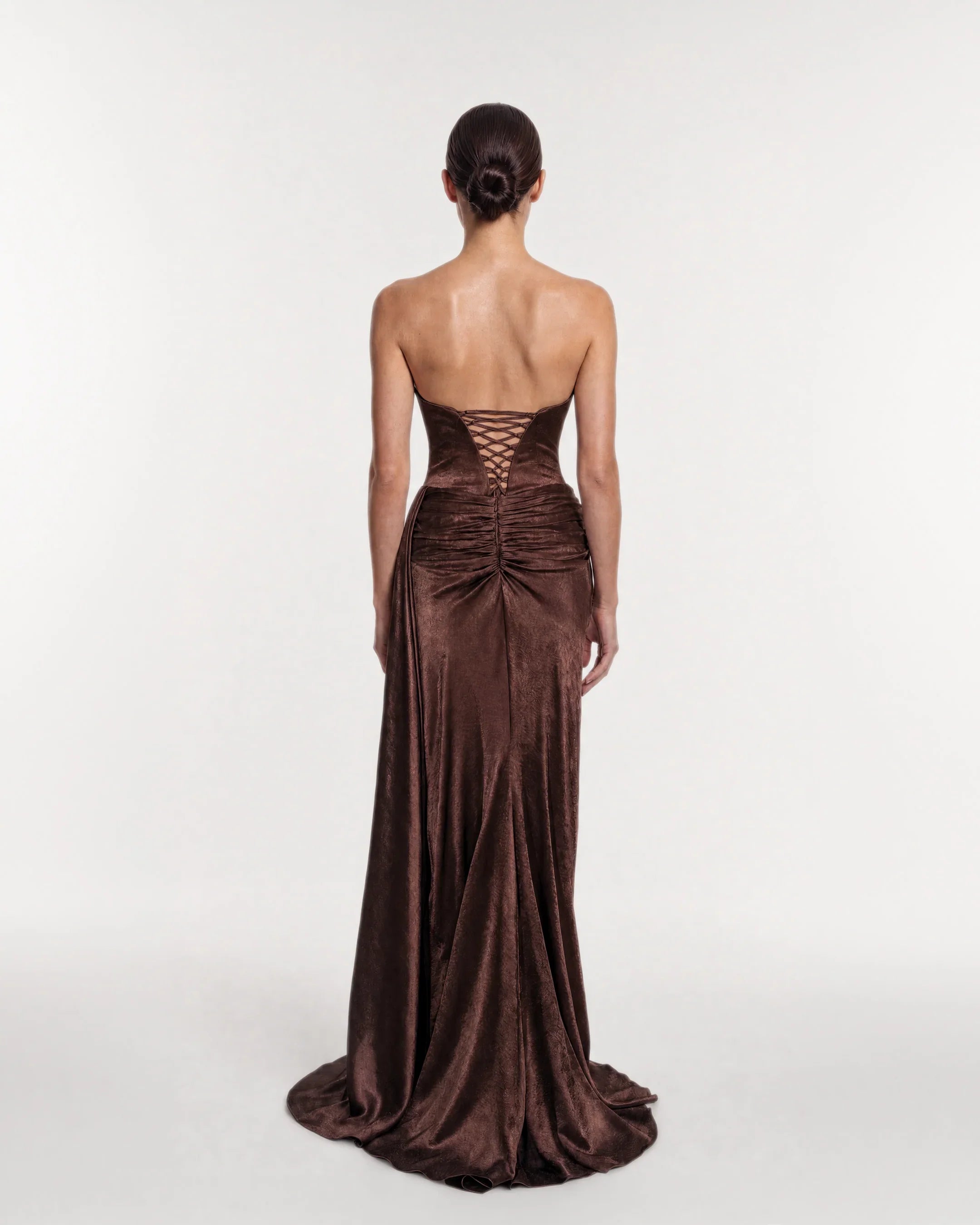 26193-Strapless Draped Long Satin Evening Dress