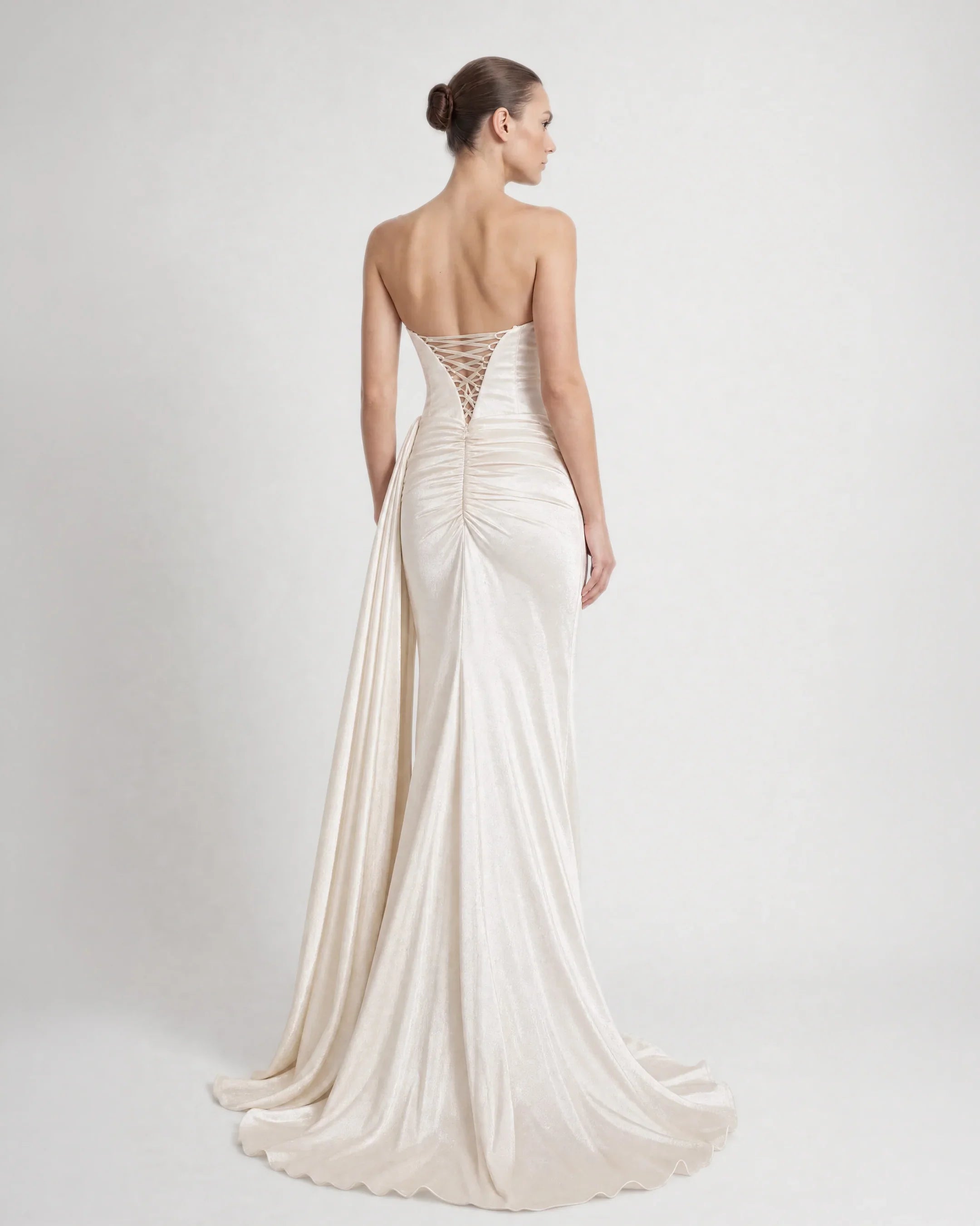 26193-Strapless Draped Long Satin Evening Dress