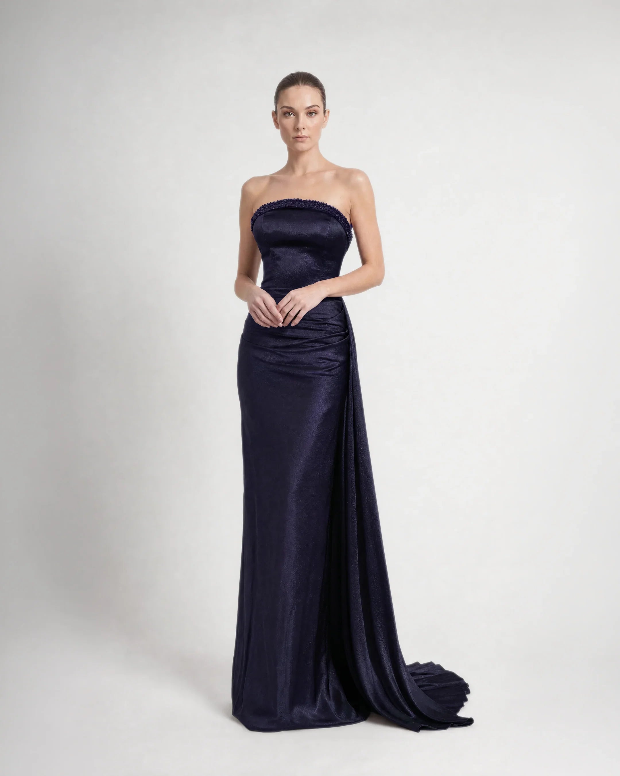 26193-Strapless Draped Long Satin Evening Dress